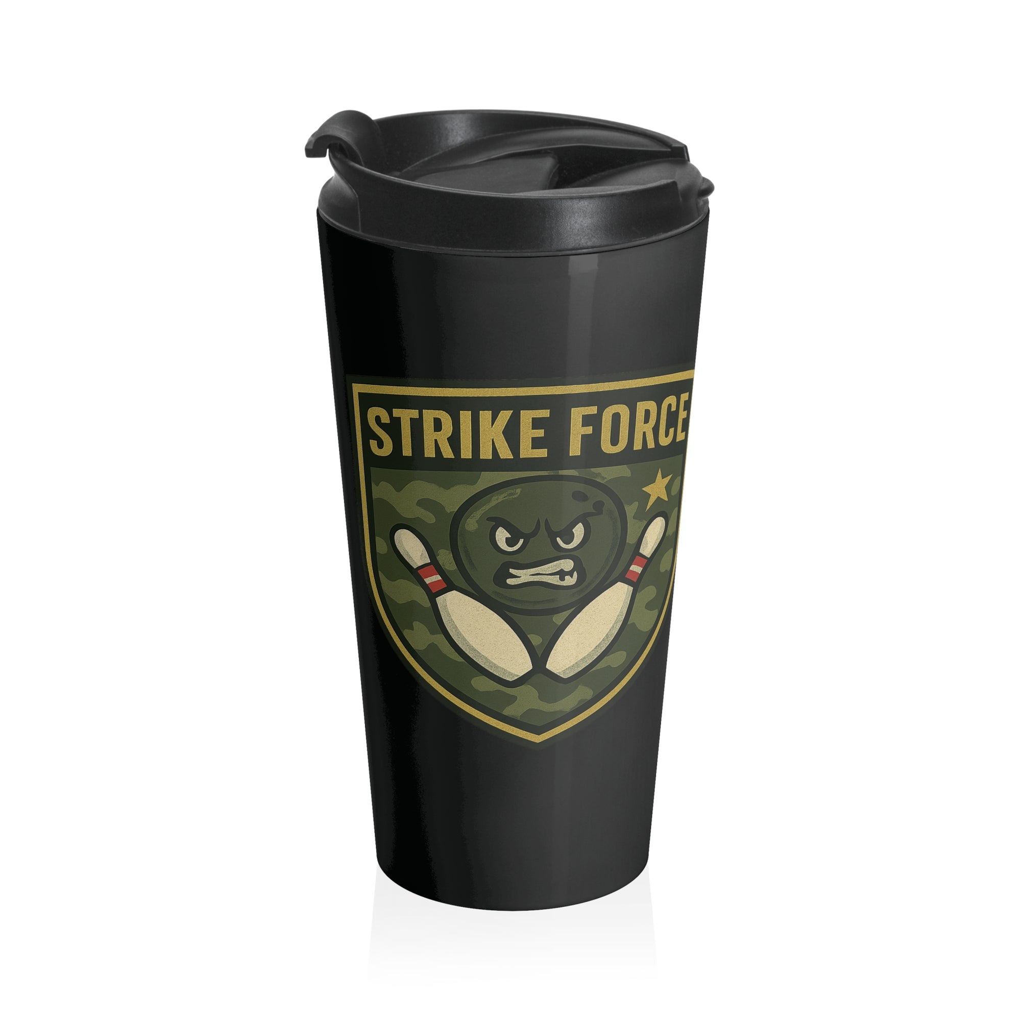 Black travel mug with a black lid, with bowling 'Strike Force' military-style patch on a white background