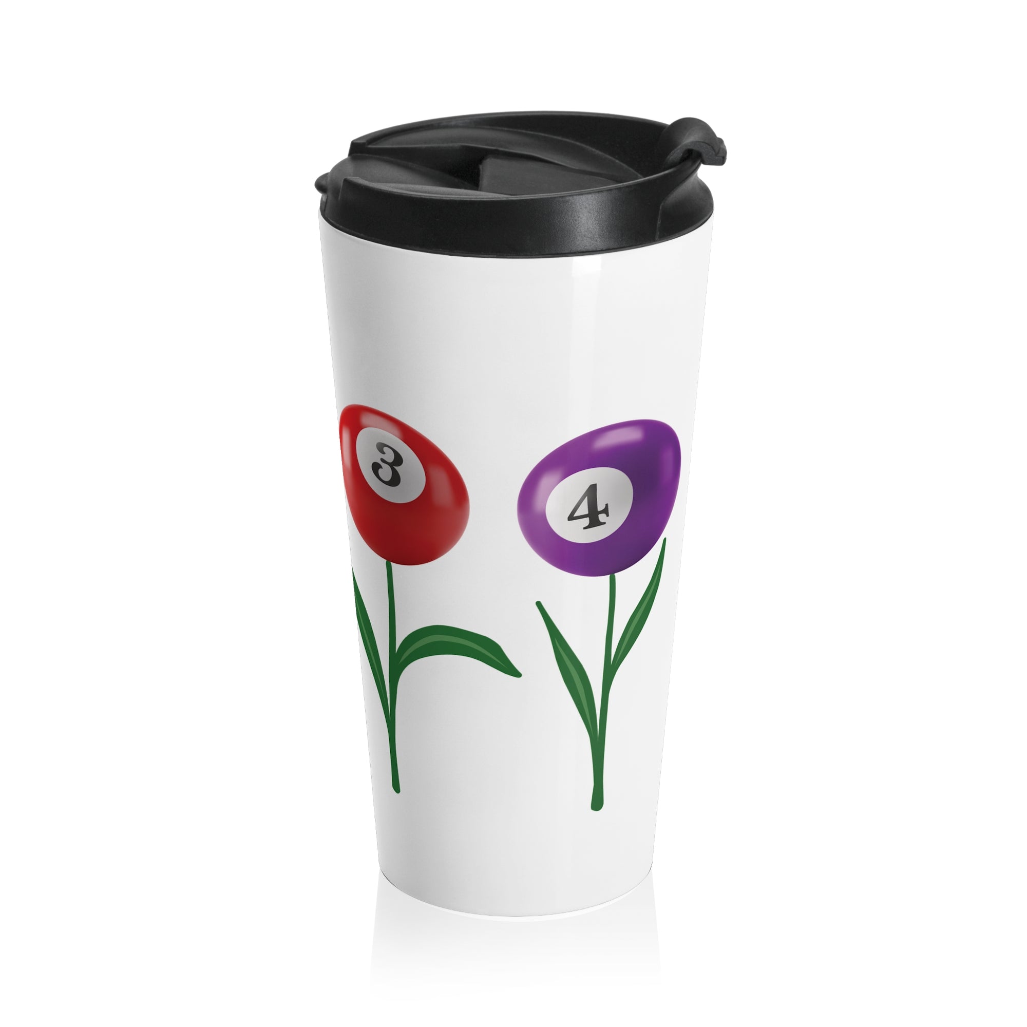 A white travel tumbler with a black lid, featuring an image with four colorful flowers made out of billiards balls with green stems, on a white background