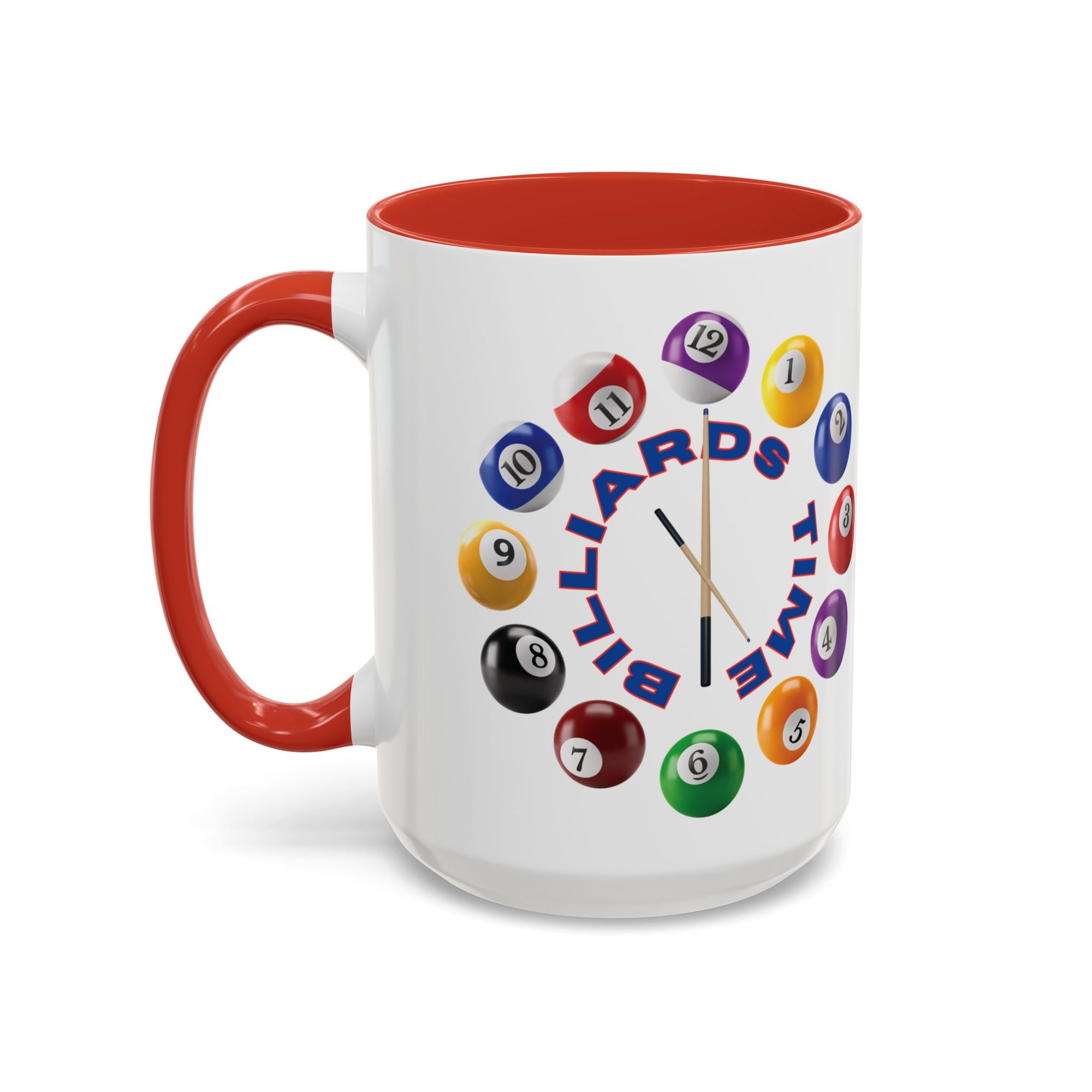A white ceramic coffee mug with red accents on the handle and interior, with the text "Billiards Time" surrounded by a clock made up of colorful billiard balls and cue sticks, on a white background