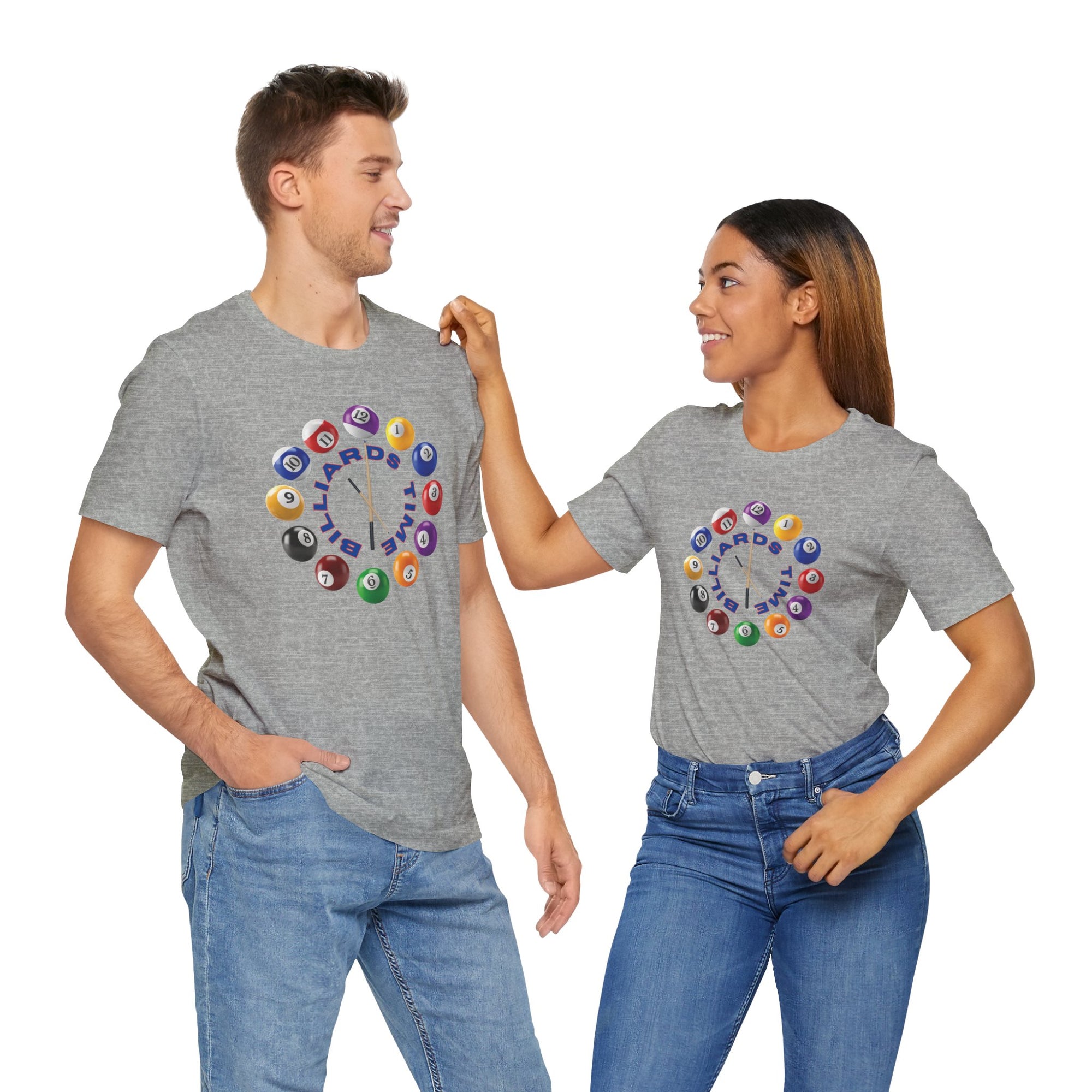 A man and a woman both wearing a gray t-shirt with the text "Billiards Time" surrounded by a clock made up of colorful billiard balls and cue sticks, on a white background