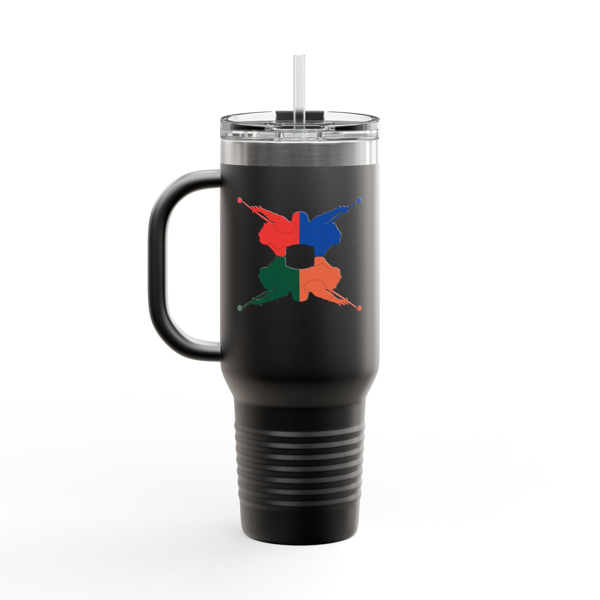 A black 40oz travel mug with lid and straw, with colorful graphic of 4 billiards player silhouettes in a pop art style, against a white background