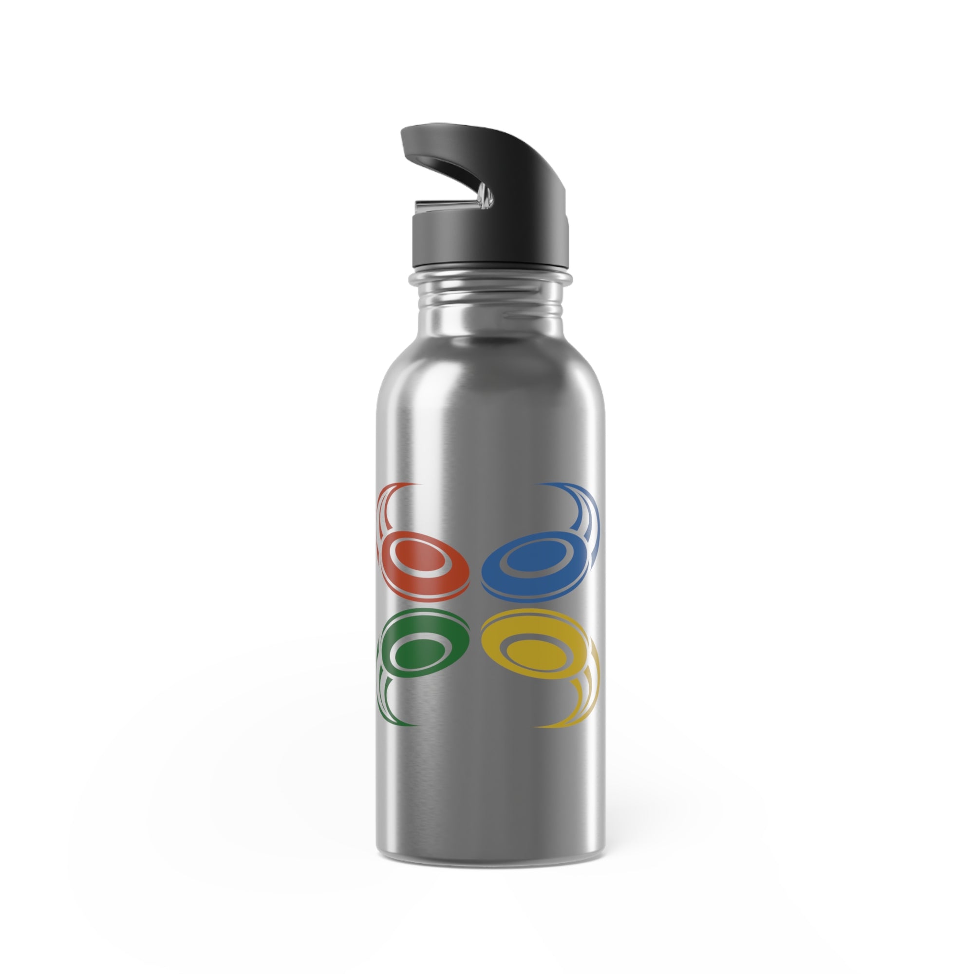 A stainless steel water bottle with lid featuring a colorful graphic of flying disc golf discs, against a white background
