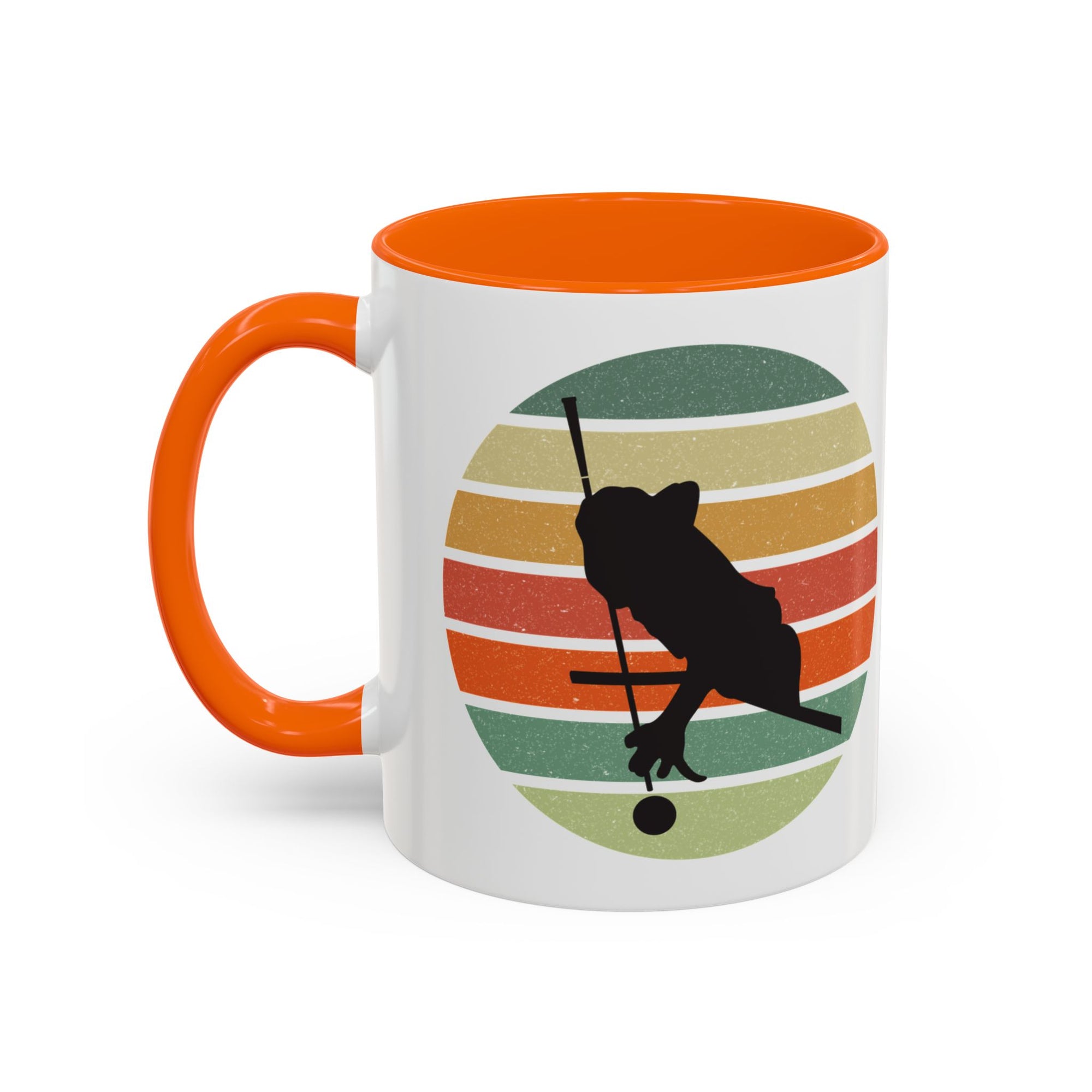 Mug with orange accents and a graphic of a billiards player silhouette over a colorful retro design on a white background.