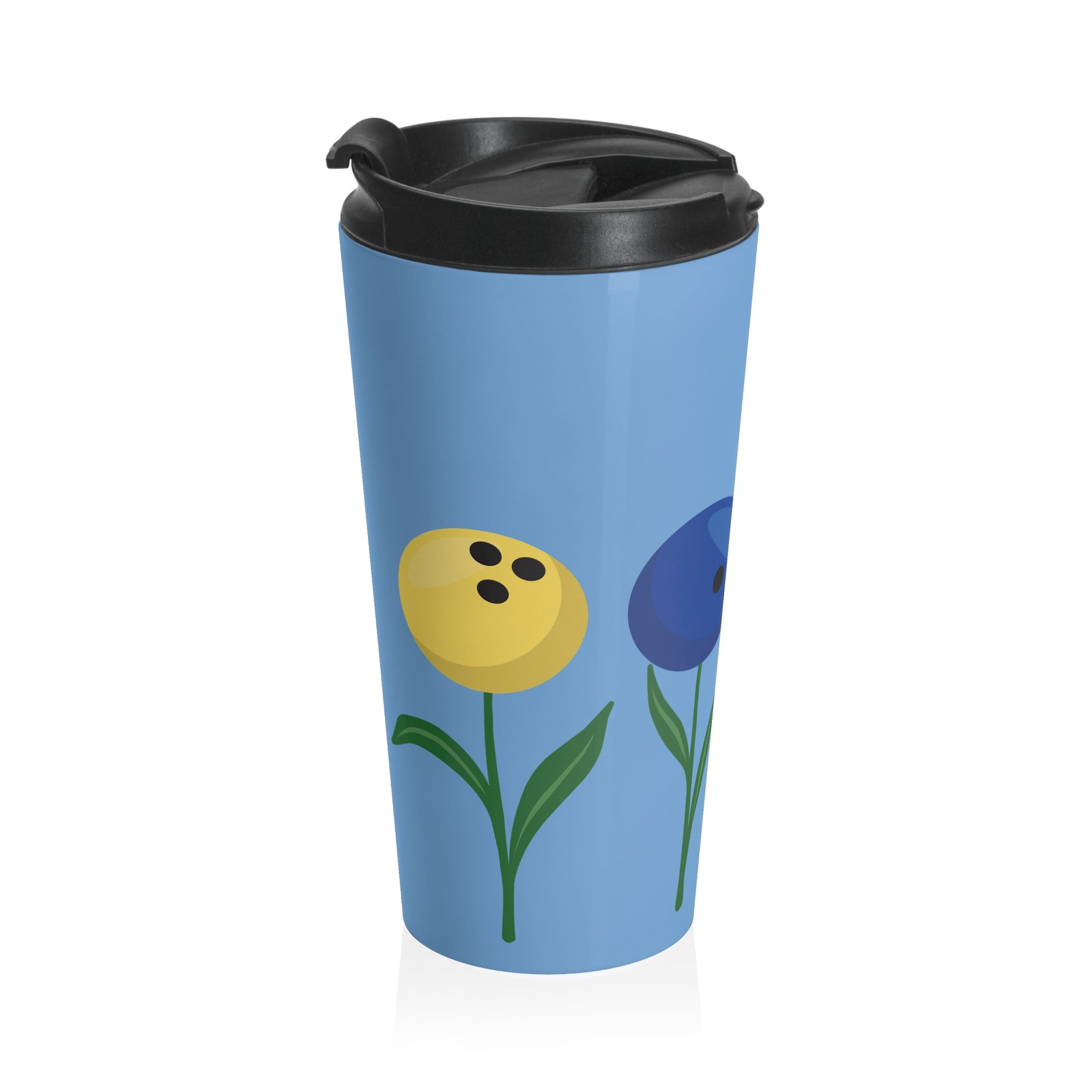 Light blue travel mug with a black lid, with colorful flowers made out of bowling balls, on a white background