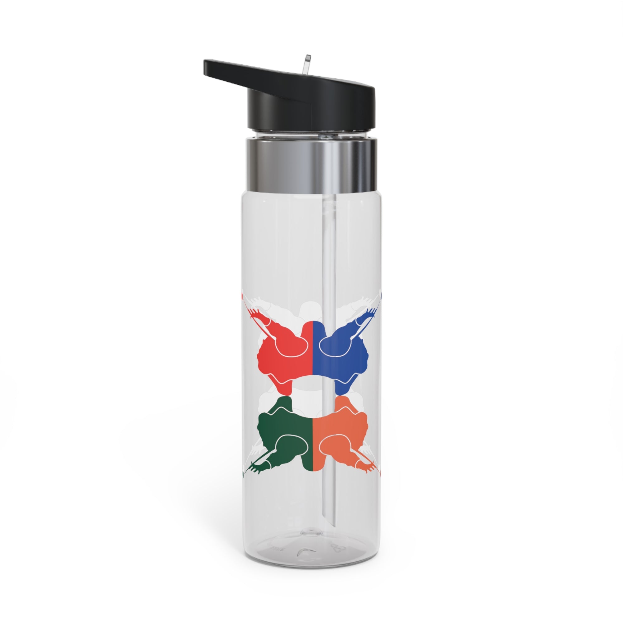 A clear water bottle with black lid with colorful graphic of 4 billiards player silhouettes in a pop art style, against a white background