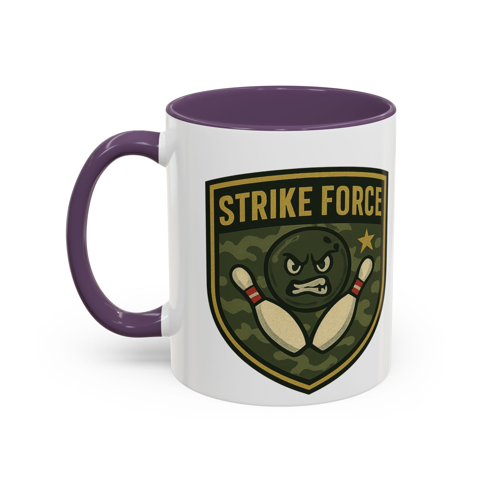 A white ceramic coffee mug with purple accents on the handle and interior, with bowling 'Strike Force' military-style patch on a white background
