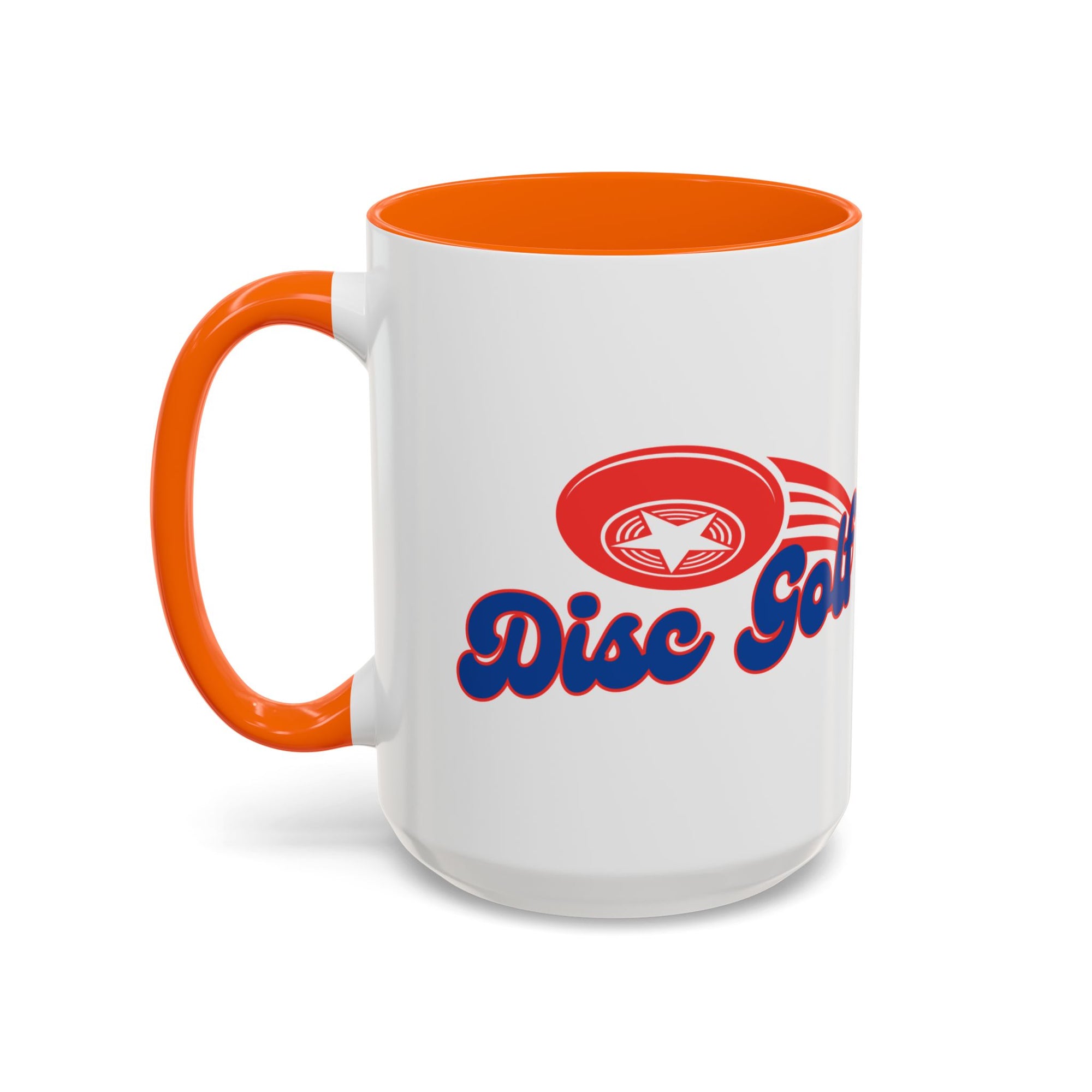 A ceramic coffee mug with orange accents on the handle and interior, with 'Disc Golf' in a blue script text outlined in red and disc golf with motion trails, against a white background