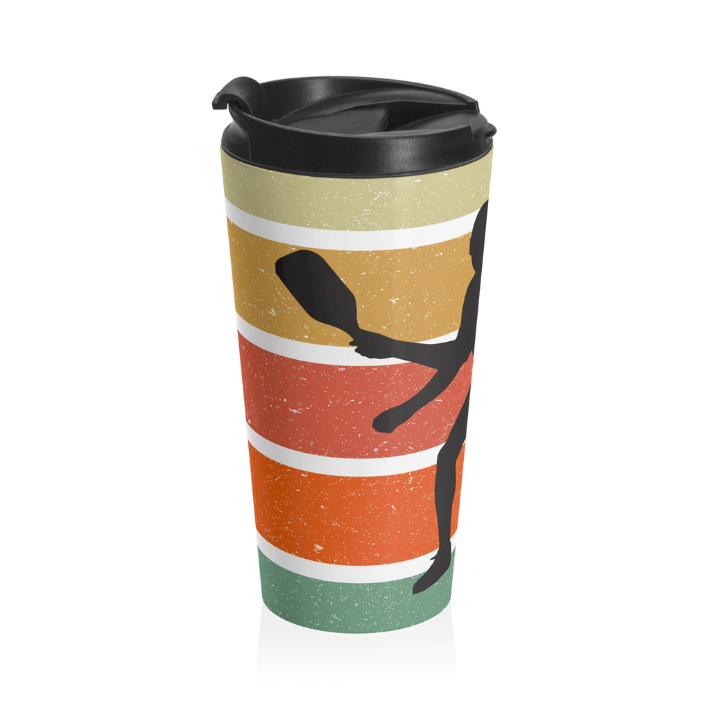 Travel mug with a silhouette design of a person playing pickleball on a retro colorful background