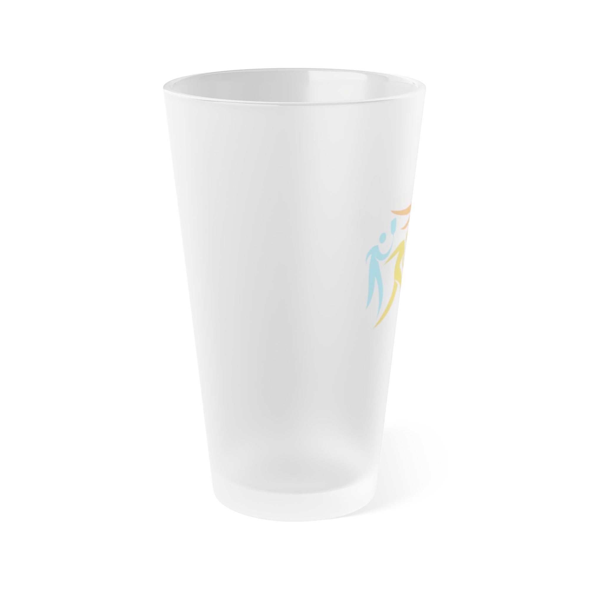 Side view of a frosted pint glass with images of four pickleball players in action, on a white background
