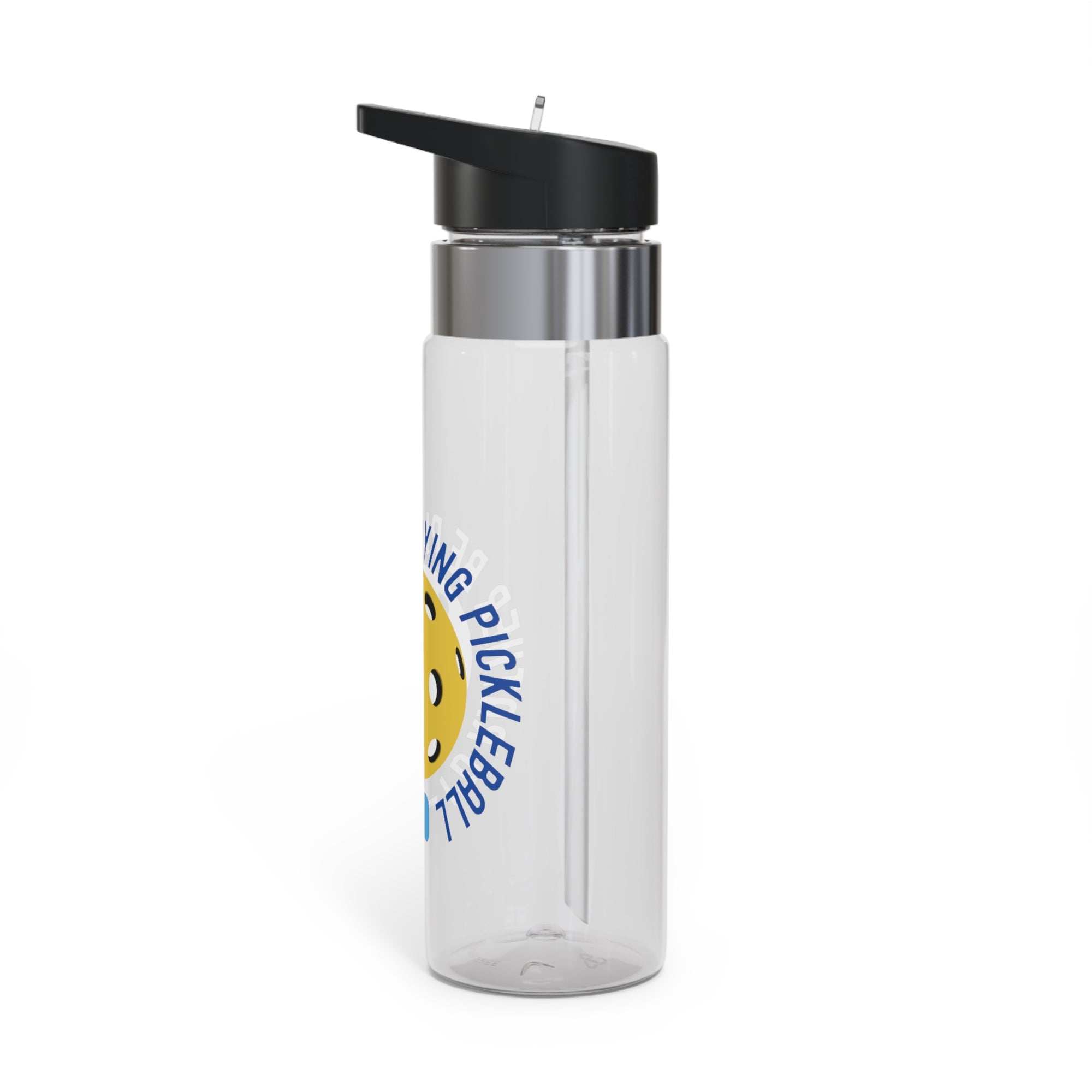 Side view of a clear water bottle with pickleball graphic and the text "I'd Rather Be Playing Pickleball on a white background.