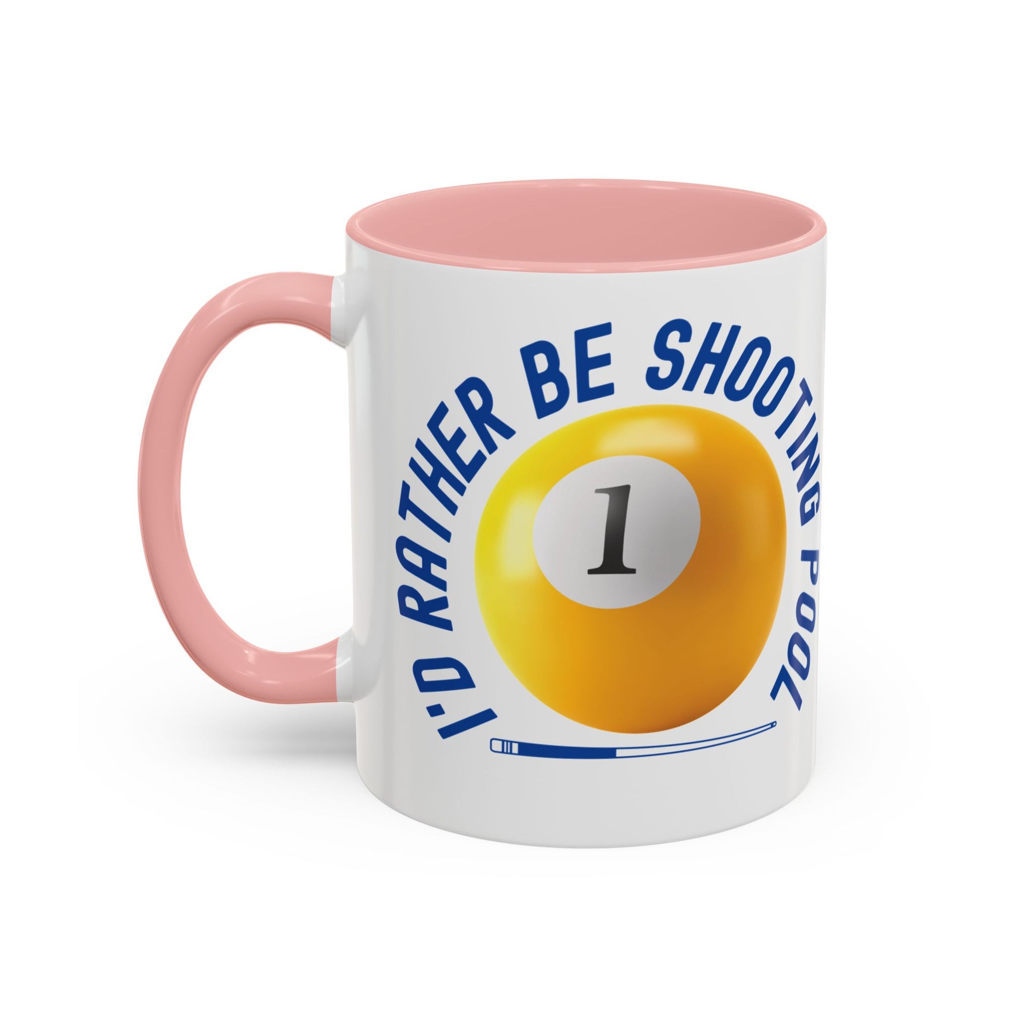 Ceramic coffee mug with pink accents on the handle and interior, with a yellow billiards ball and cue stick graphic and the text "I'd Rather Be Shooting Pool" on a white background