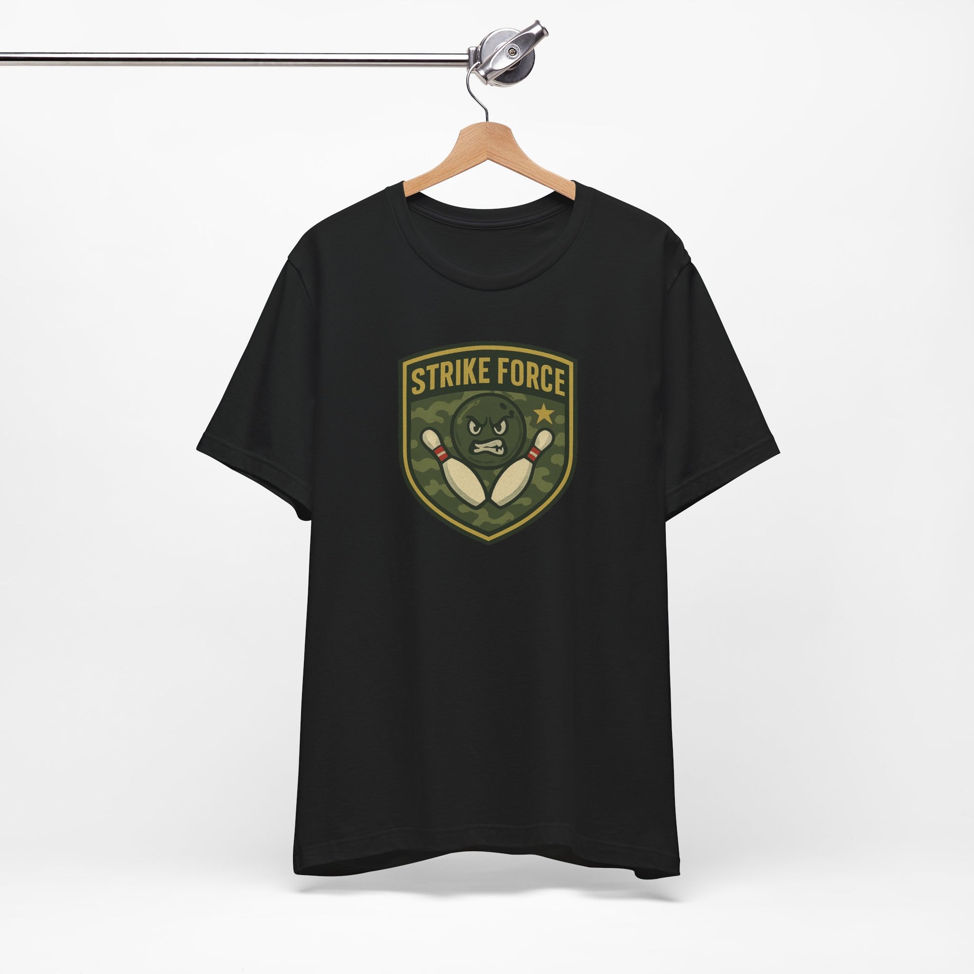 Black t-shirt with bowling 'Strike Force' military-style patch on a hanger against a white background
