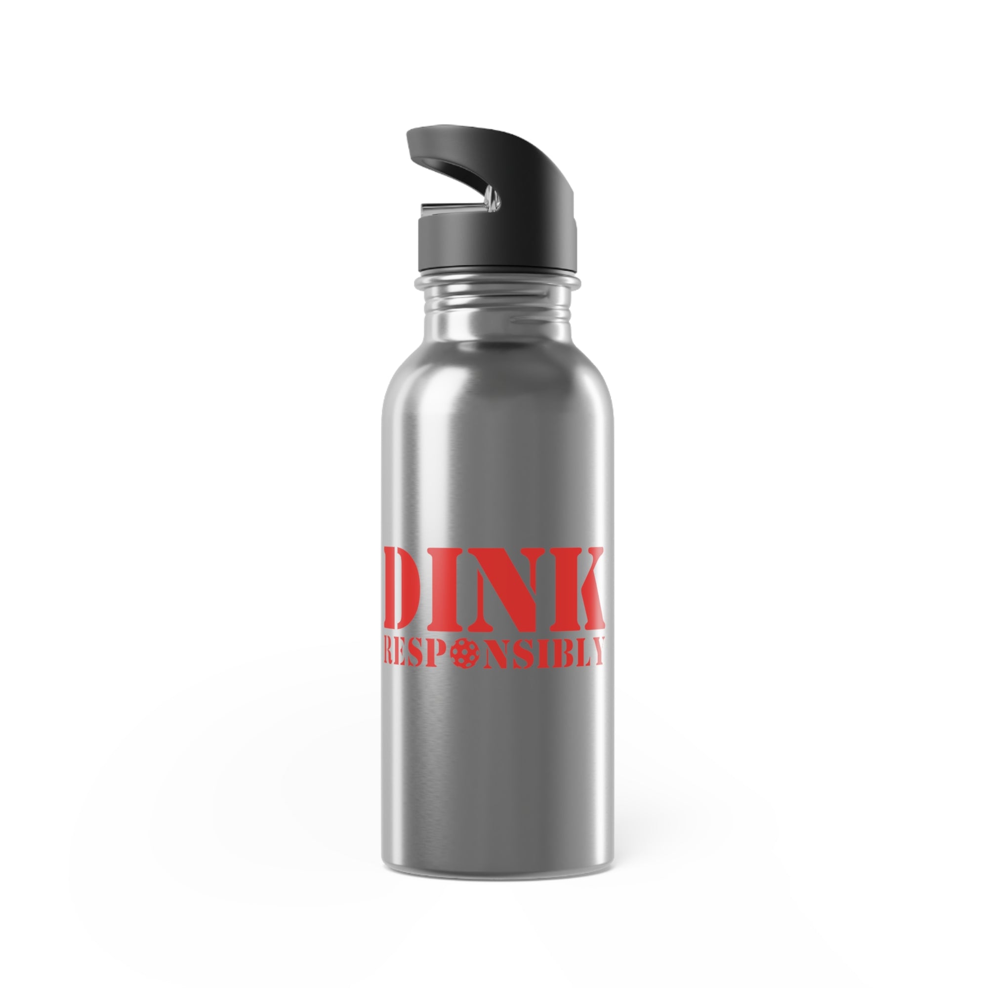 A stainless steel water bottle with red text 'DINK RESPONSIBLY' with a pickleball replacing the "O" in "Responsibly" against a white background