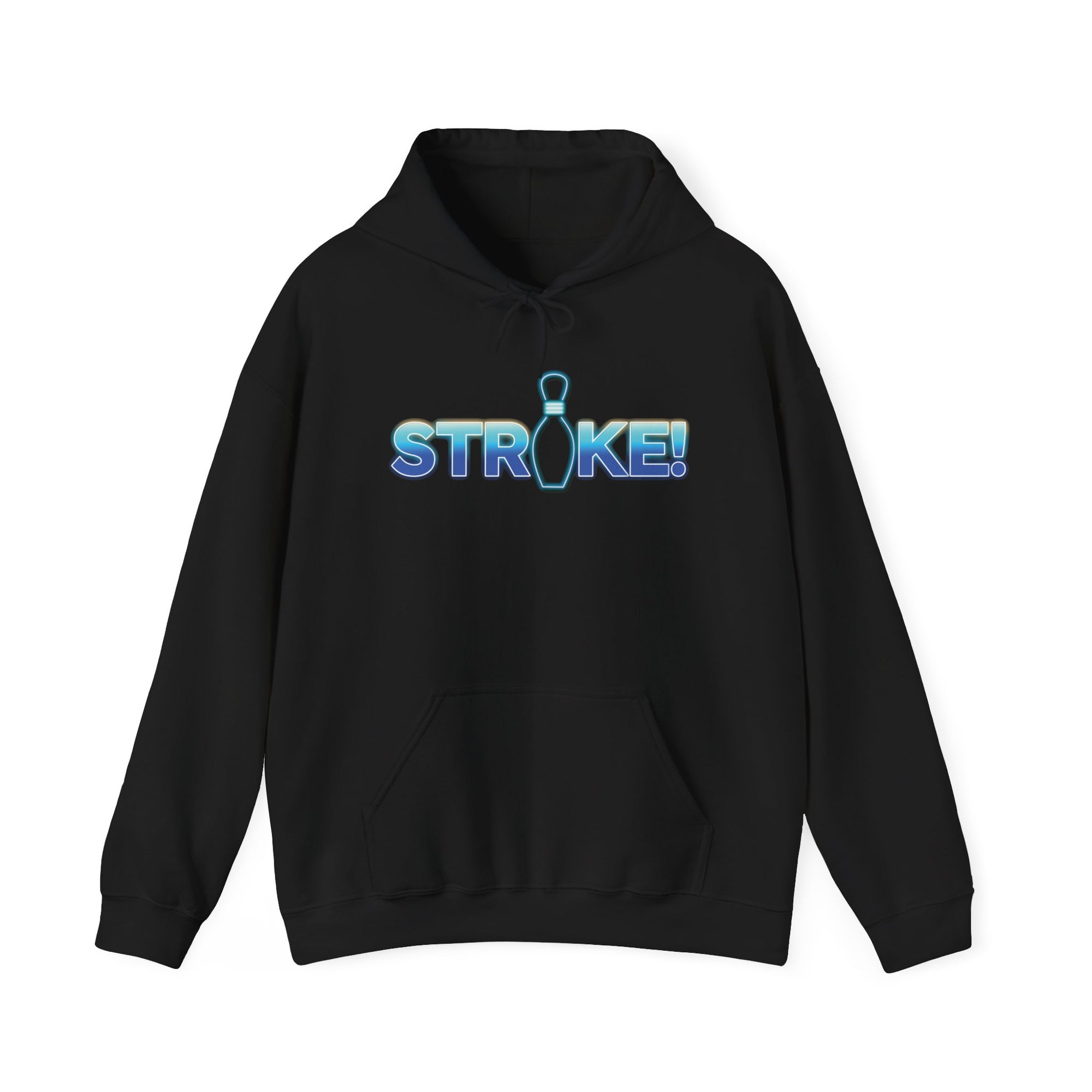 Black bowling hoodie with 'STRIKE!' with the "I" replaced by a bowling pin, on a white background 