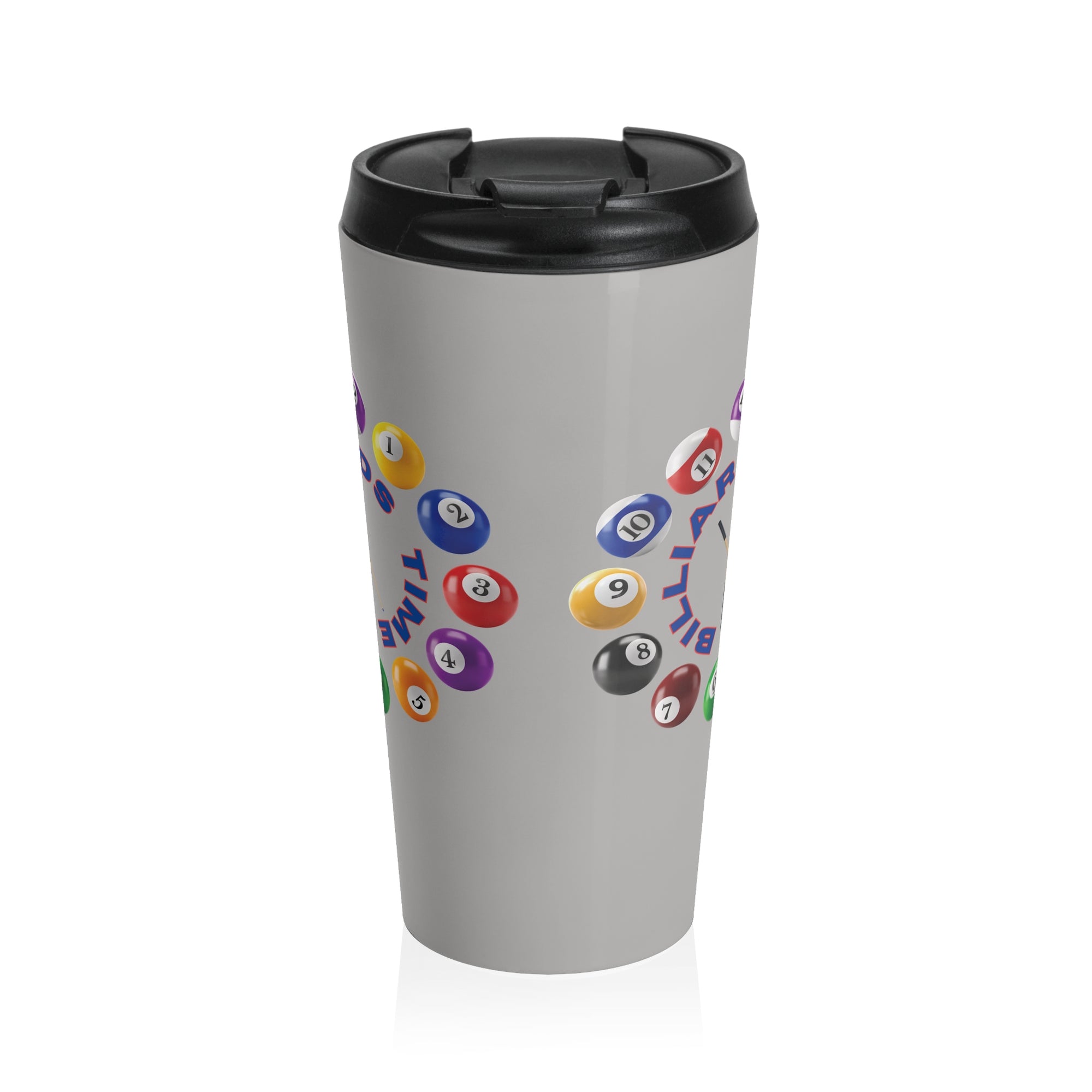 Gray travel tumbler with lid, with the text "Billiards Time" surrounded by a clock made up of colorful billiard balls and cue sticks, on a white background