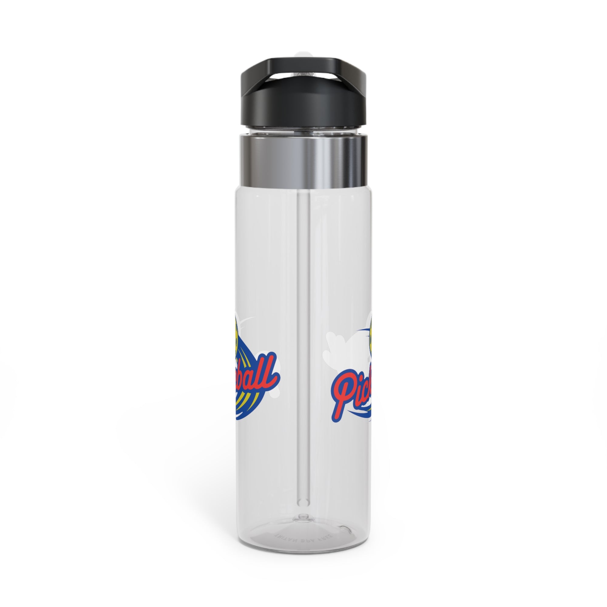 A clear water bottle with lid with a classic pickleball logo featuring the word pickleball and a yellow pickleball with motion lines, against a white background