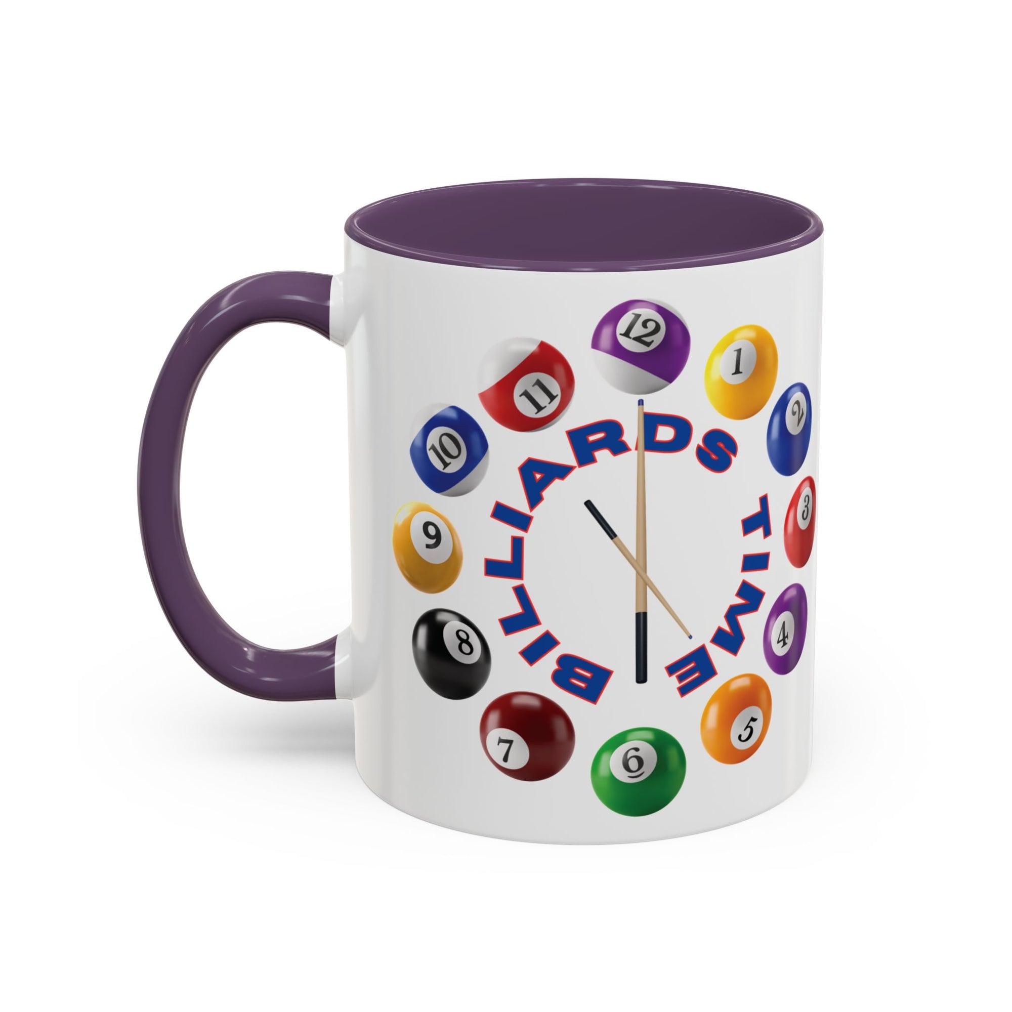 A white ceramic coffee mug with purple accents on the handle and interior, with the text "Billiards Time" surrounded by a clock made up of colorful billiard balls and cue sticks, on a white background