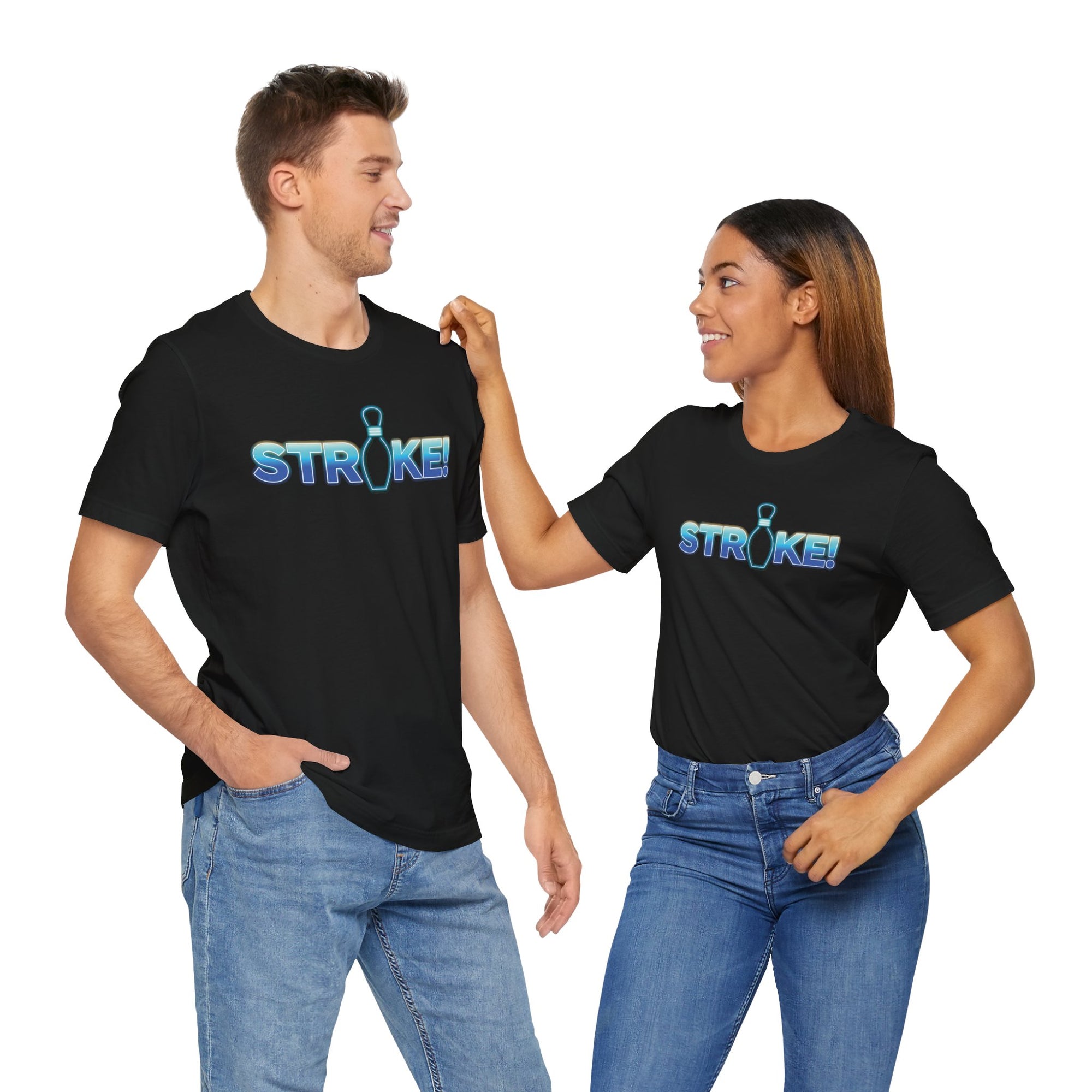 A man and a woman both wearing a black bowling t-shirt with 'STRIKE!' with the "I" replaced by a bowling pin, on a white background