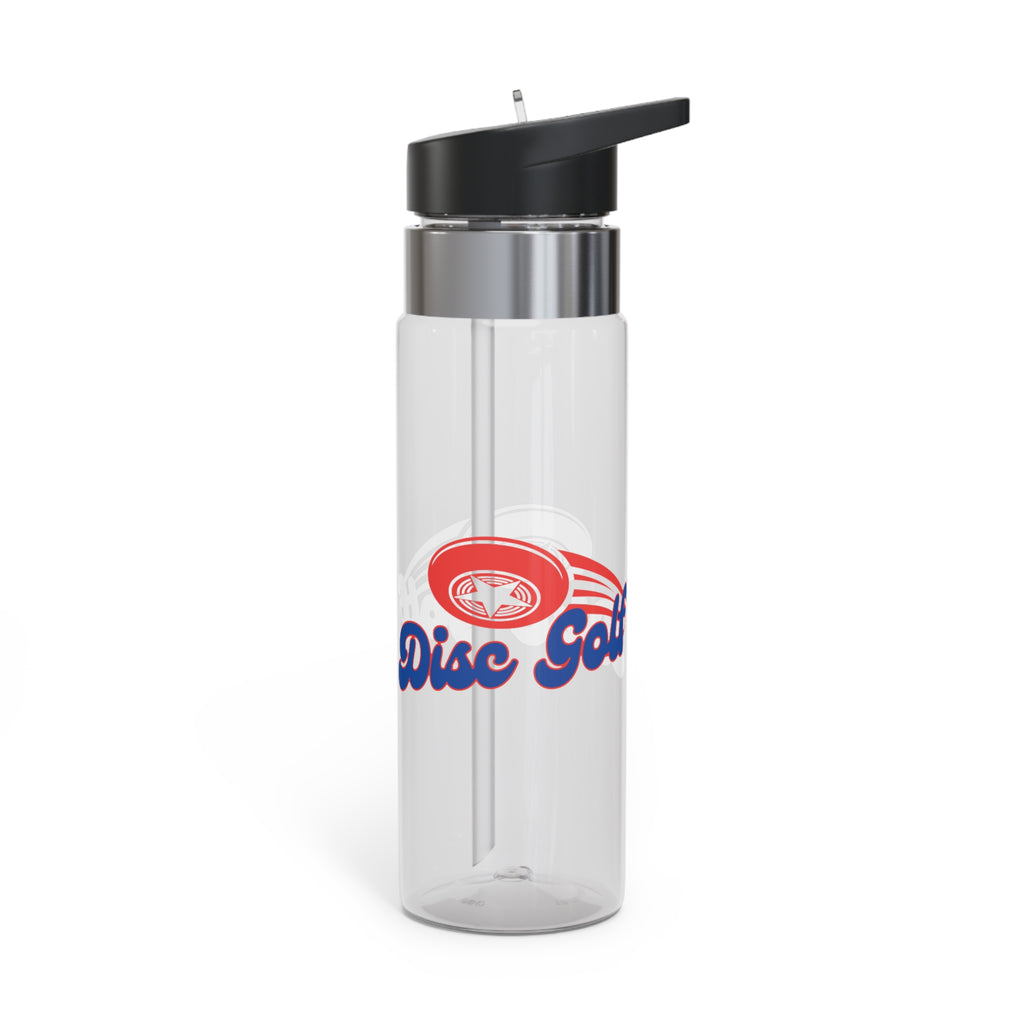 A clear water bottle with a lid, featuring the words 'Disc Golf' in a blue script text outlined in red and disc golf with motion trails, against a white background