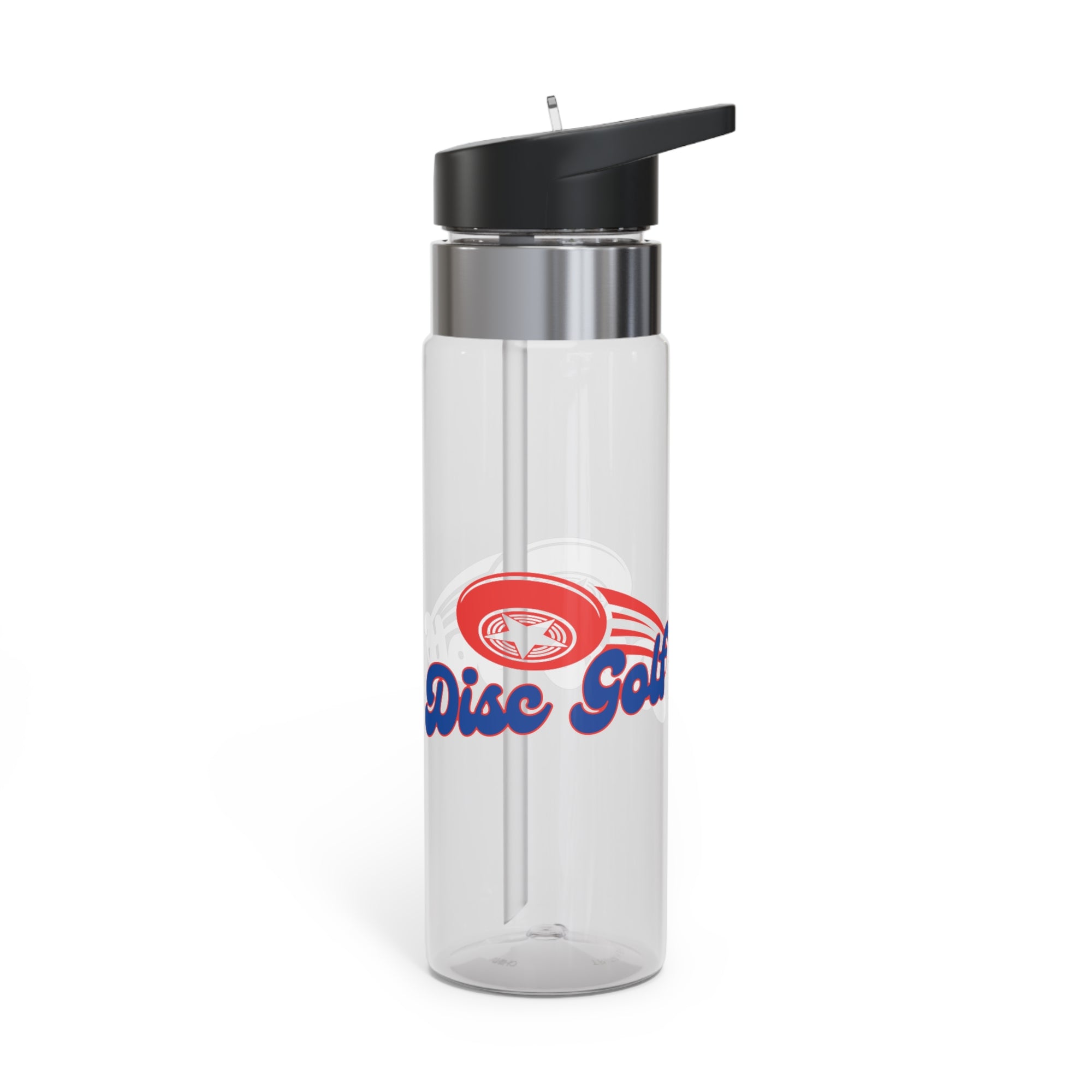 A clear water bottle with a lid, featuring the words 'Disc Golf' in a blue script text outlined in red and disc golf with motion trails, against a white background