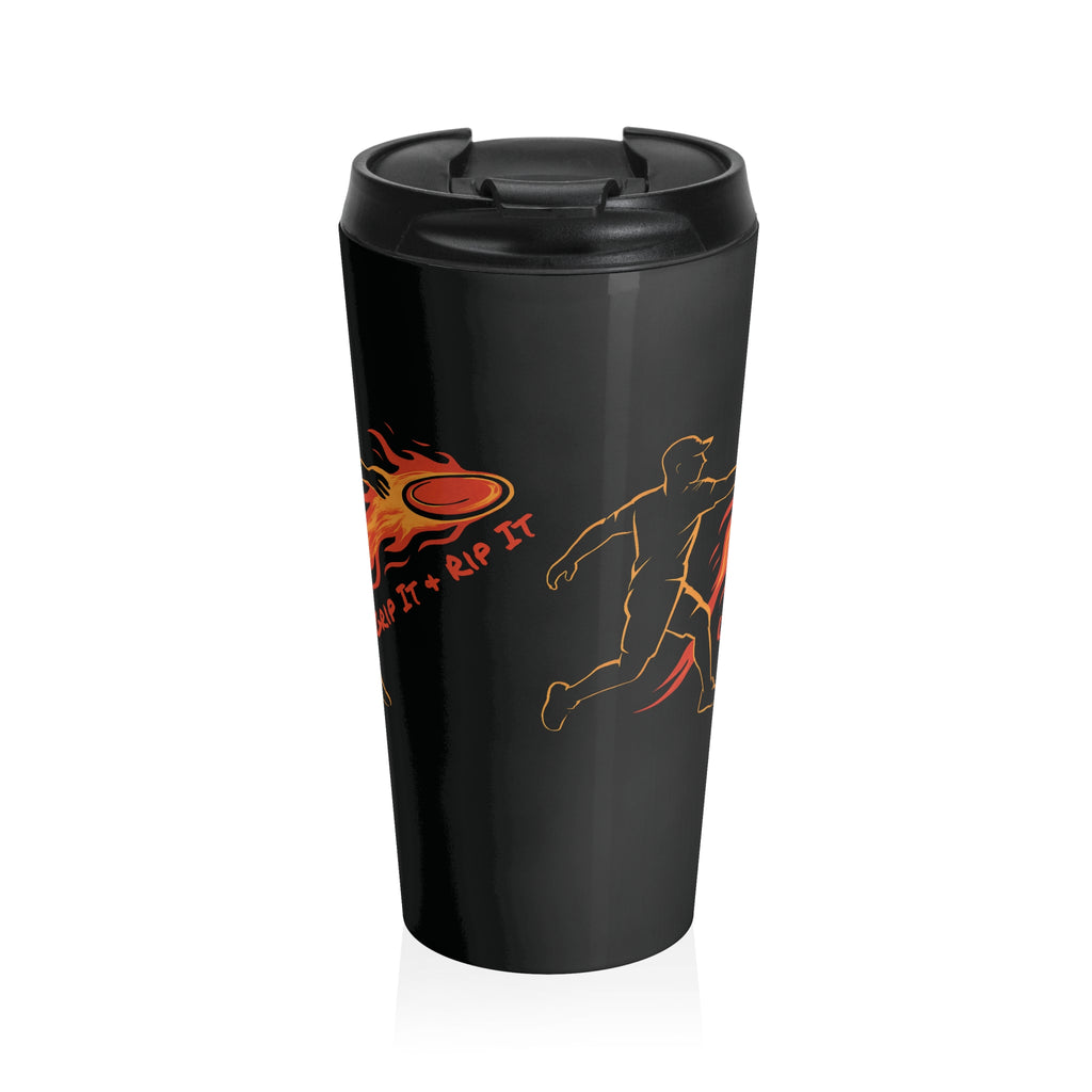 A black travel mug with lid featuring a graphic design of a person throwing a disc golf disc with flames coming off the disc and text 'Grip It or Rip It' against a white background.