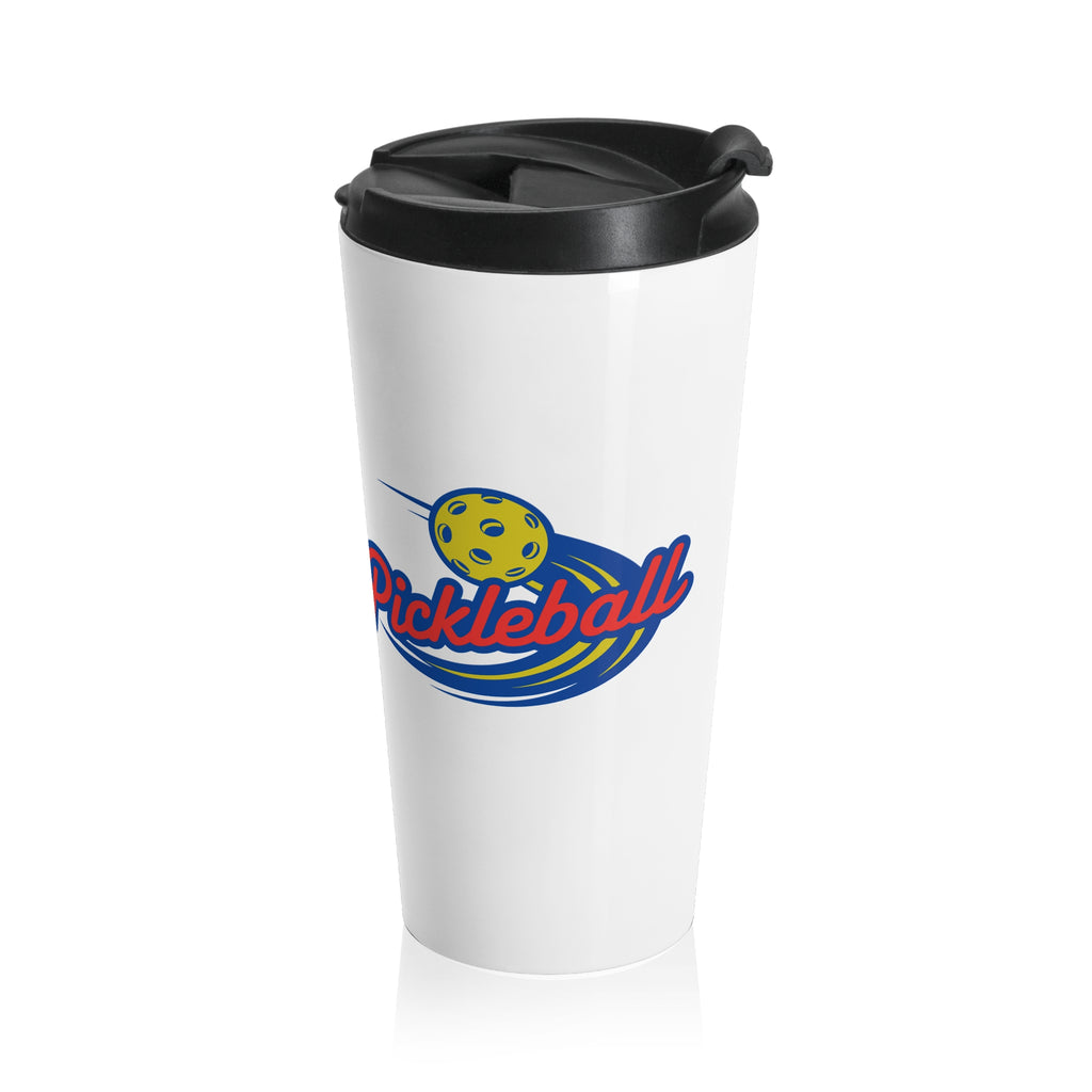 A white travel coffee mug and lid with a classic pickleball logo featuring the word pickleball and a yellow pickleball with motion lines, against a white background