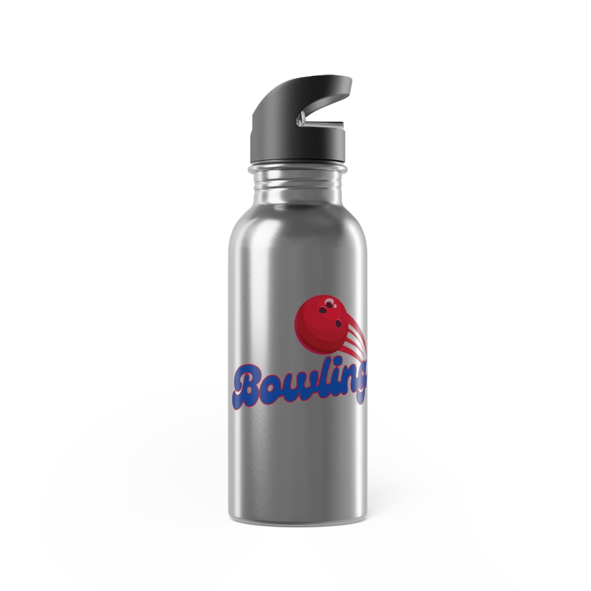 A stainless steel water bottle with black lid, with a red bowling ball graphic and 'Bowling' text on a white background