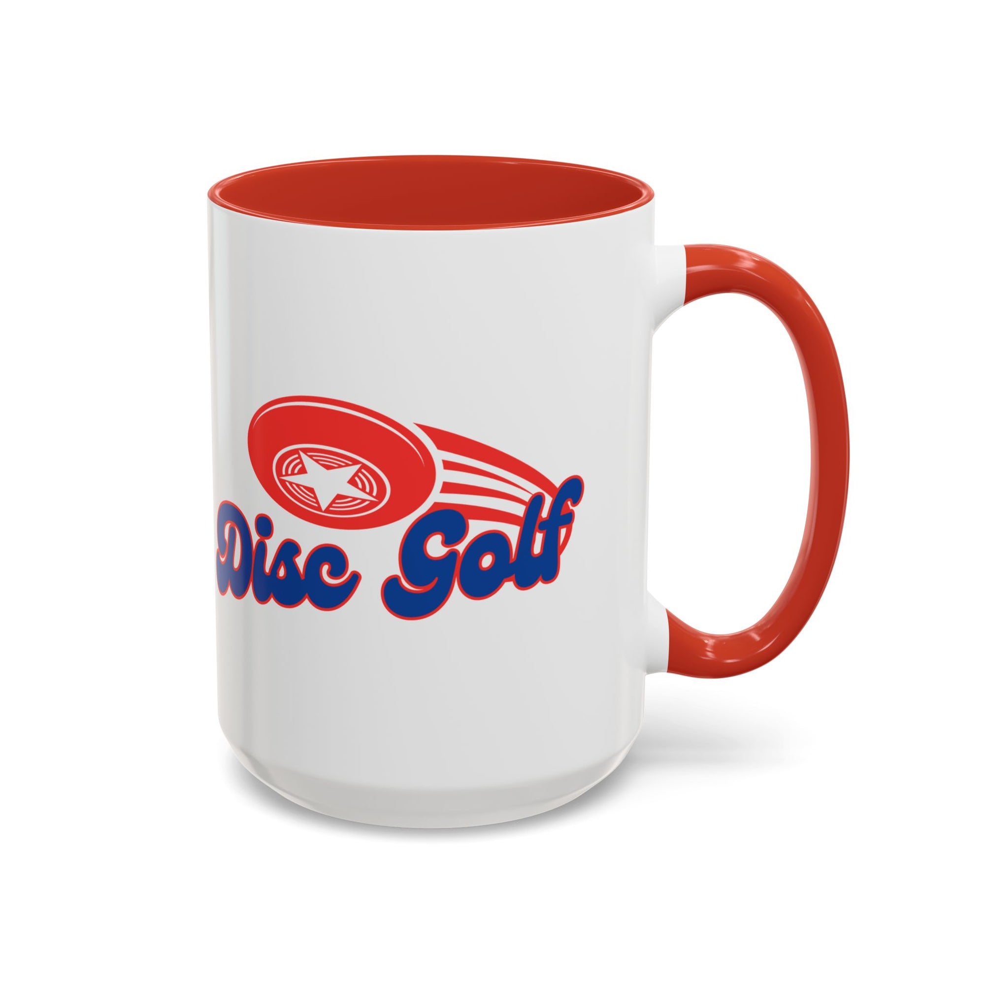 A ceramic coffee mug with red accents on the handle and interior, with 'Disc Golf' in a blue script text outlined in red and disc golf with motion trails, against a white background