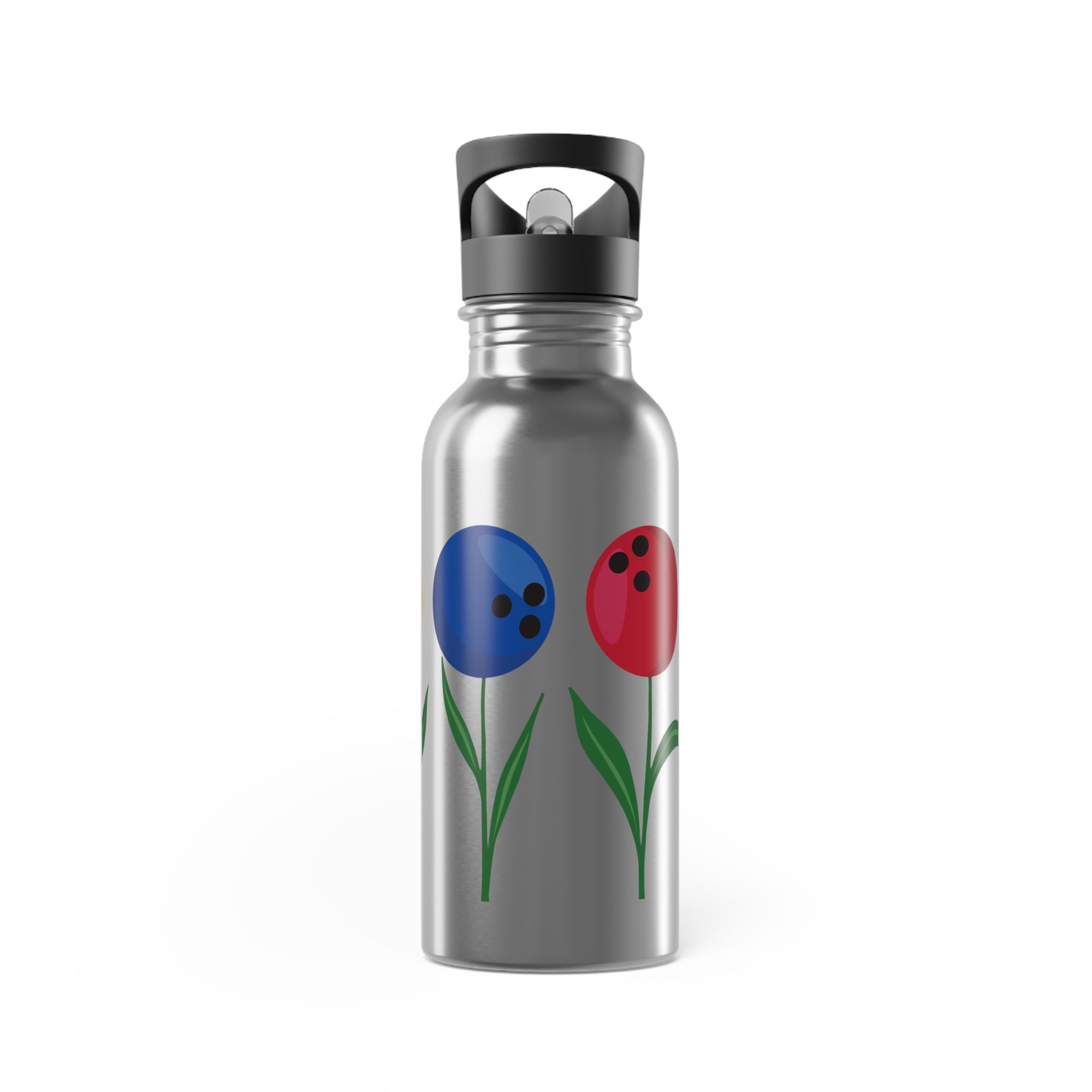 A stainless steel water bottle with a black lid, with colorful flowers made out of bowling balls, on a white background
