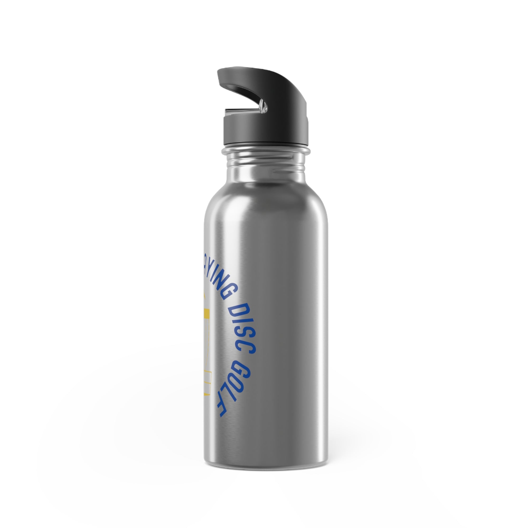 Side view of a stainless steel water bottle with cap, with a graphic of disc golf chains, basket, and disc and text that says "I'd Rather Be Playing Disc Golf" on a white background