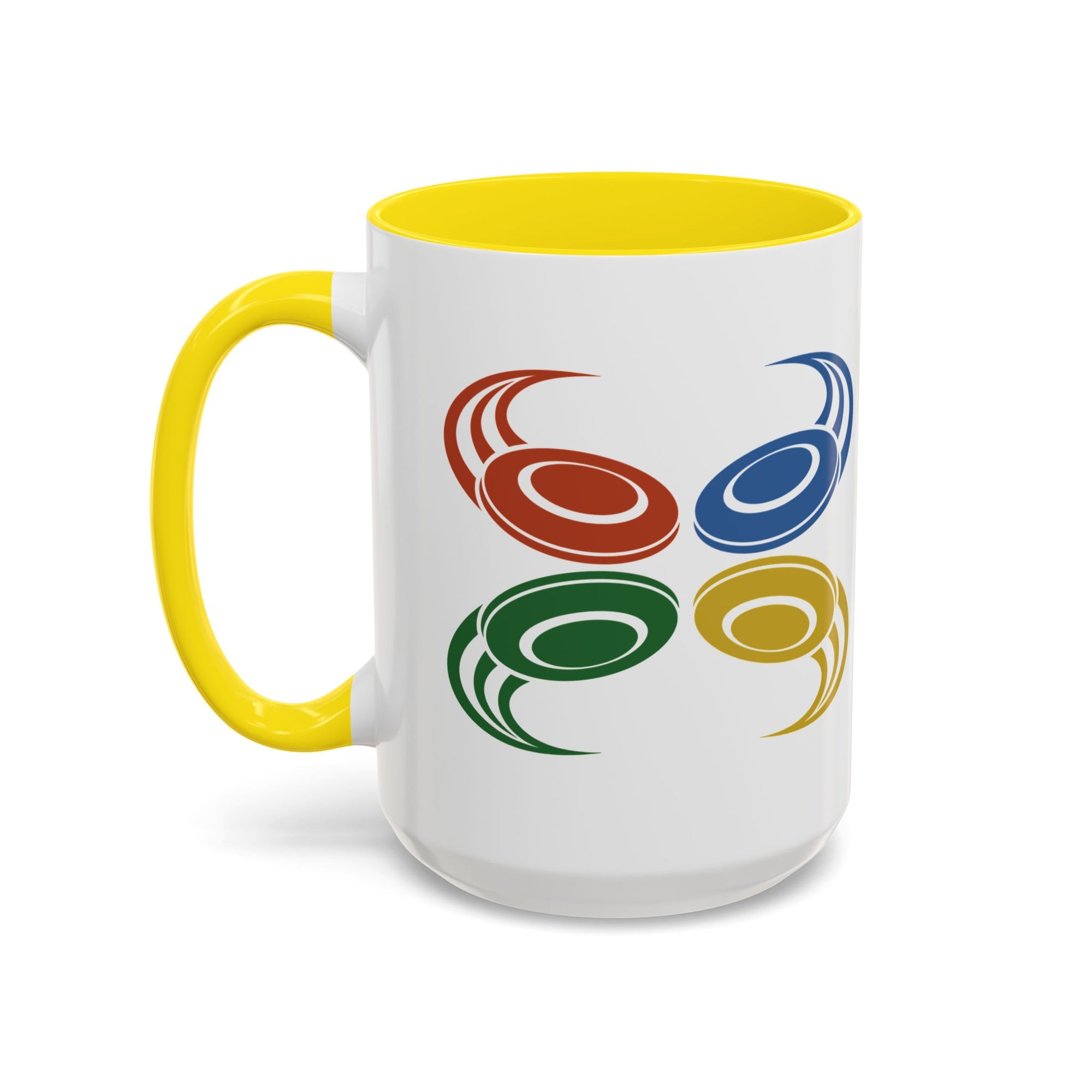 A ceramic mug with yellow accents on the handle and interior, featuring a graphic of four colorful disc golf discs