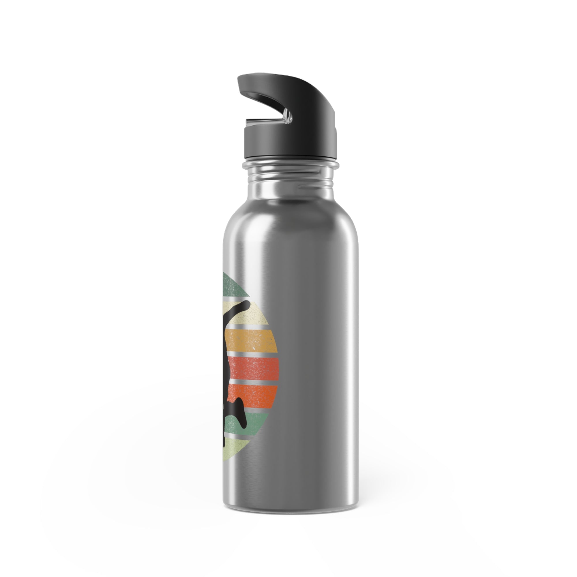 Side view of a stainless steel water bottle with a graphic of a silhouette of a person playing disc golf over a colorful retro design, on a white background