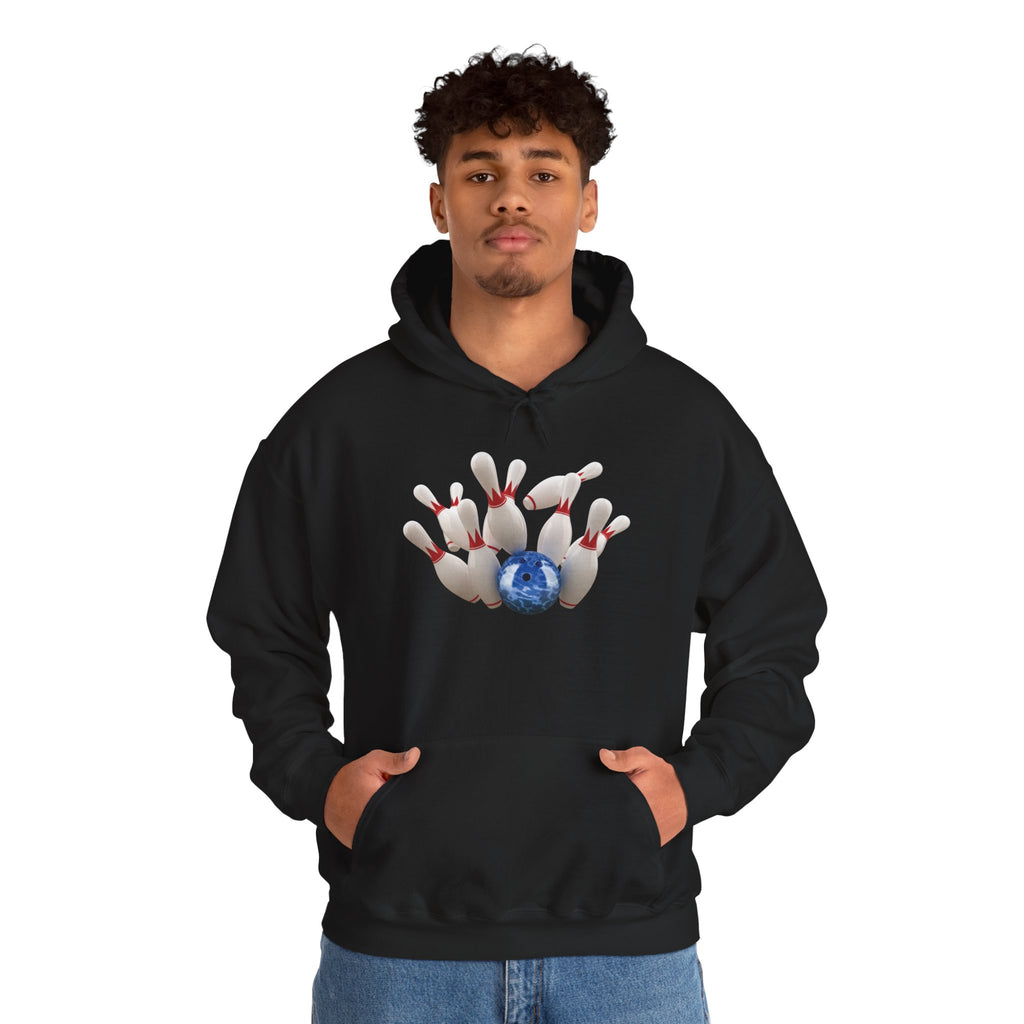 A man wearing a black hoodie with a graphic of a blue bowling ball knocking over bowling pins, on a white background