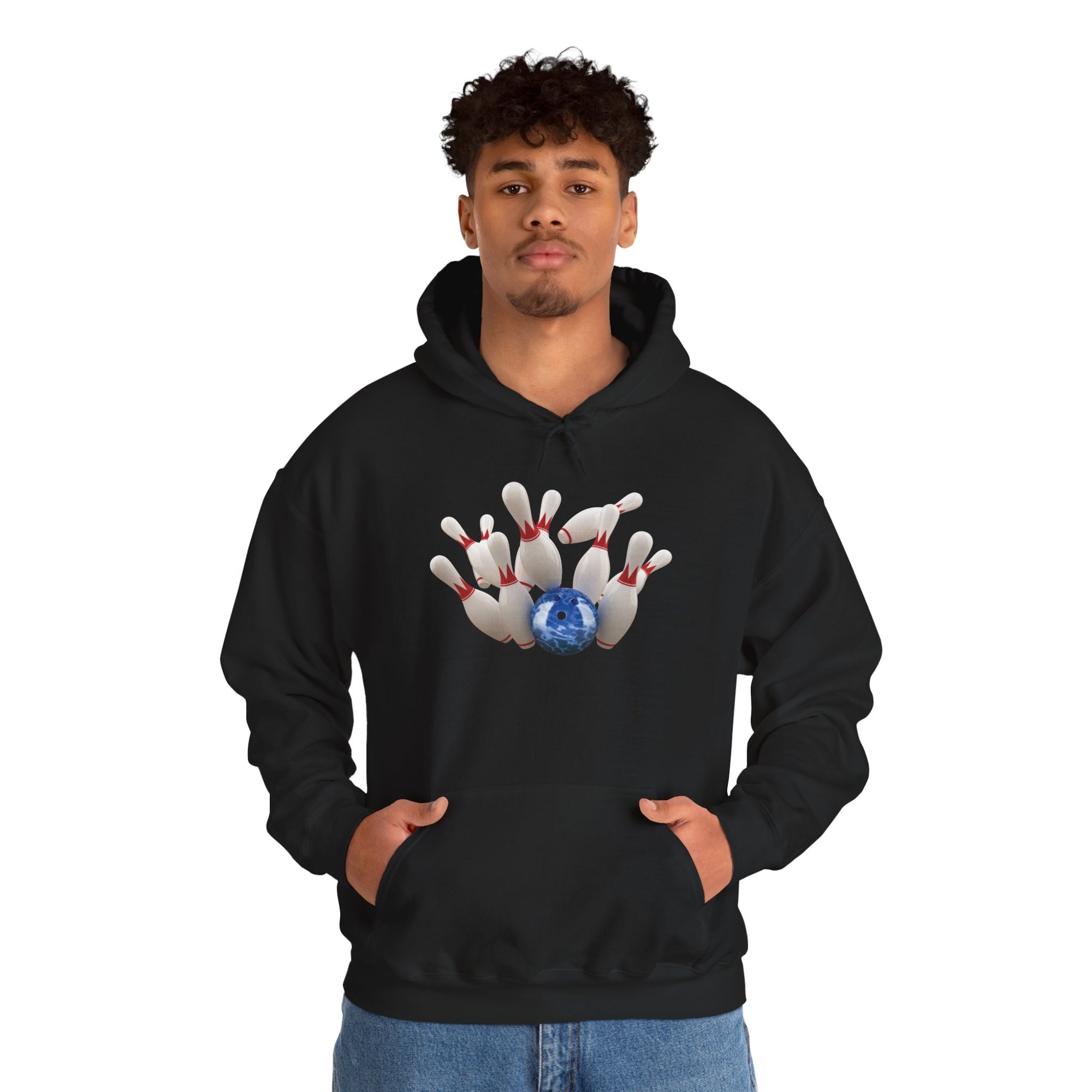 A man wearing a black hoodie with a graphic of a blue bowling ball knocking over bowling pins, on a white background