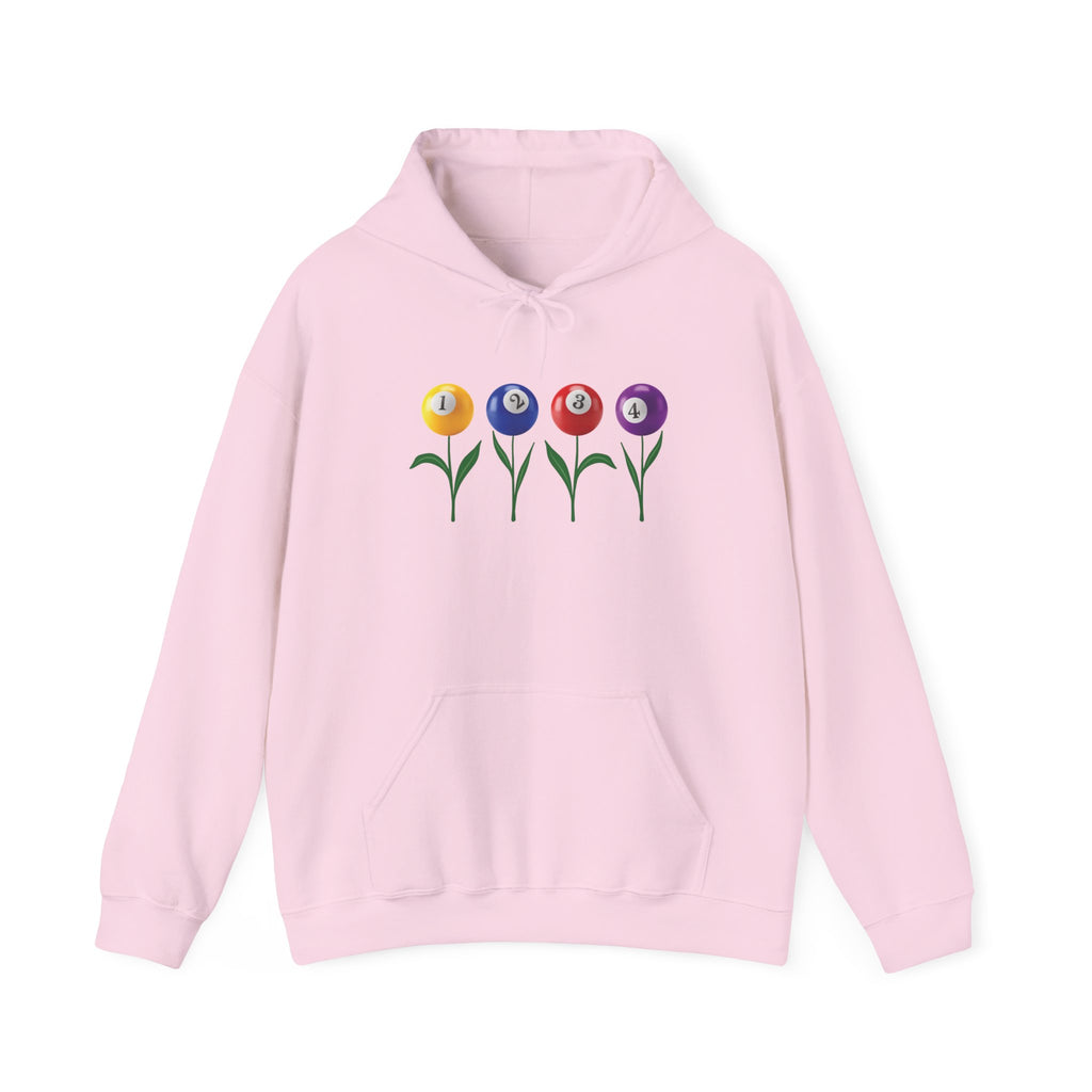 Pink hoodie with four colorful flowers made out of billiards balls with green stems, a white background