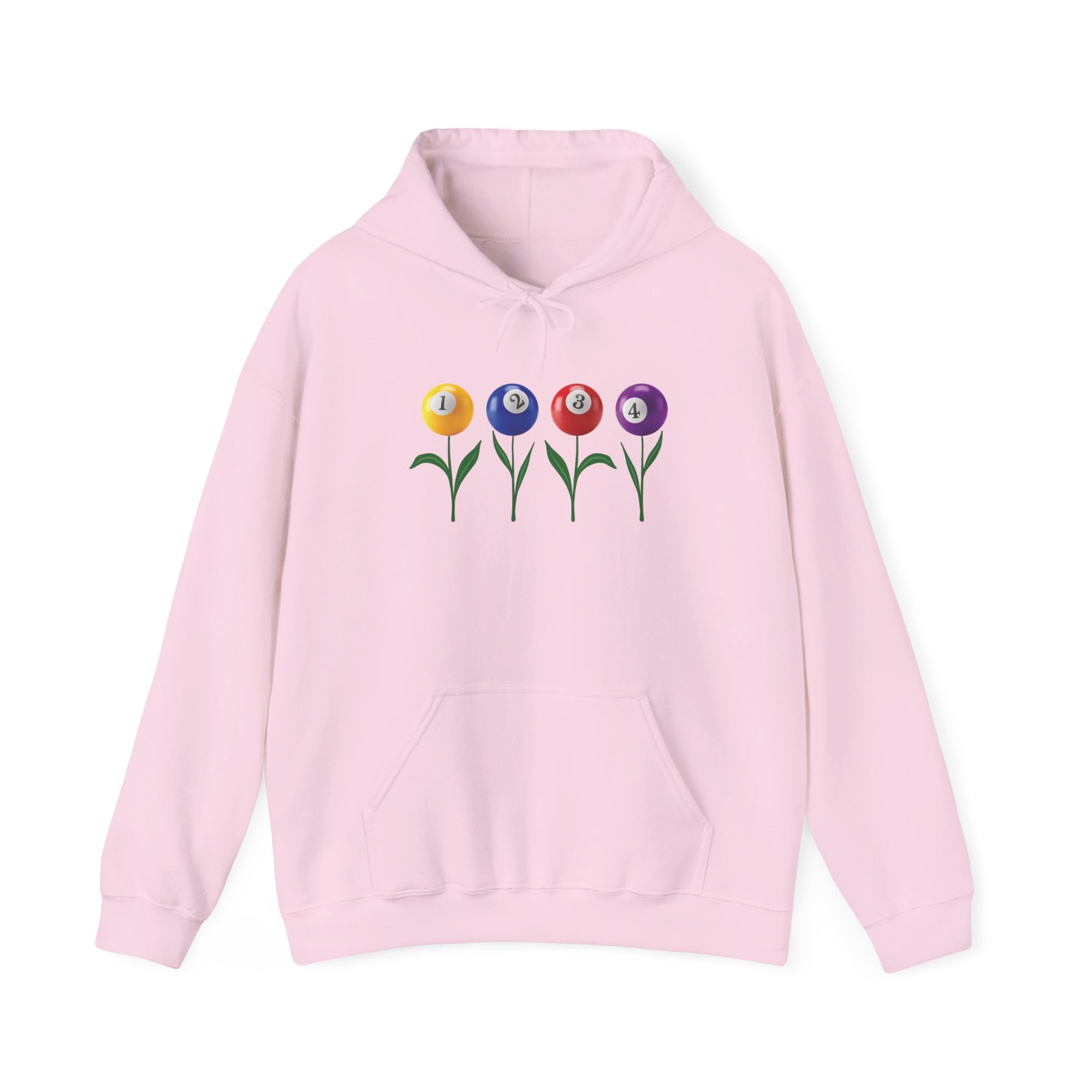Pink hoodie with four colorful flowers made out of billiards balls with green stems, a white background