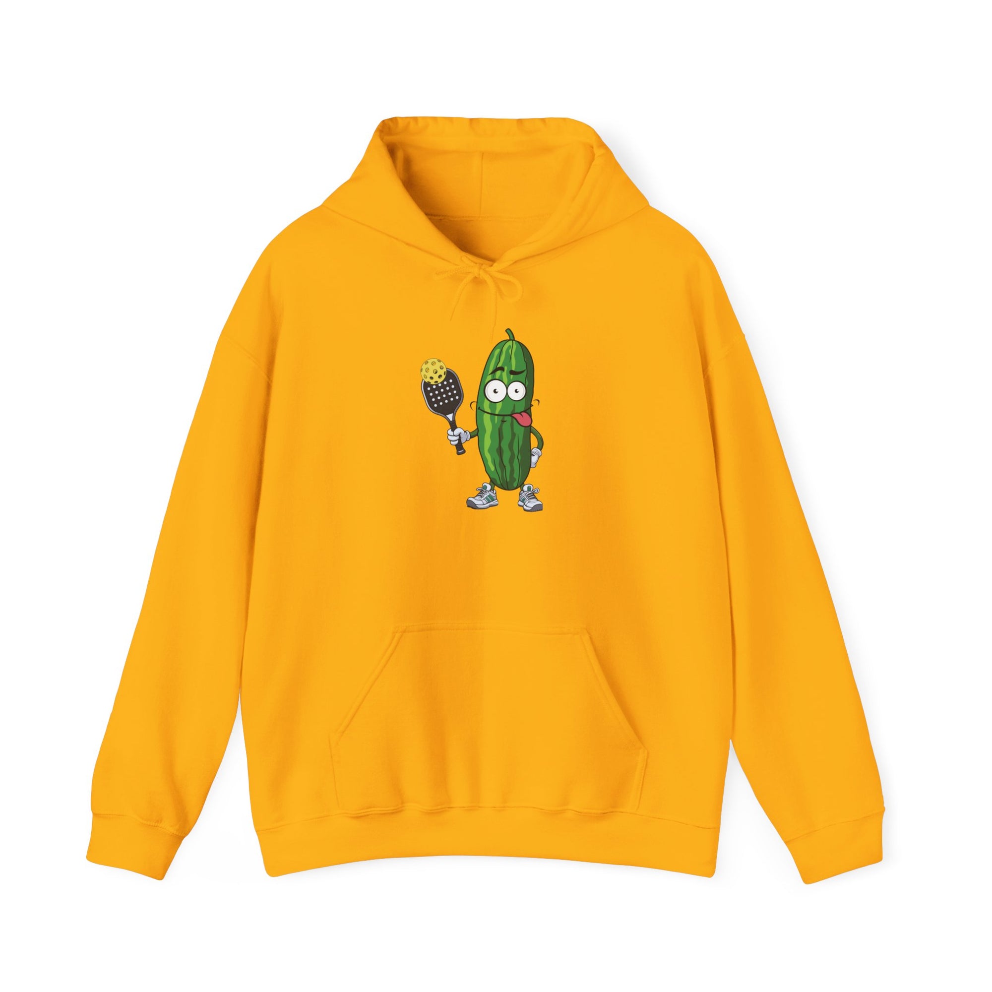Yellow hoodie with a cartoon pickle with googly eyes and his tongue sticking out, holding a pickleball paddle with a yellow pickleball, against a white background