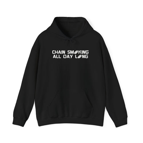 Black hoodie with 'CHAIN SMOKING ALL DAY LONG' text with the O's replaced by disc golf discs, against a white background