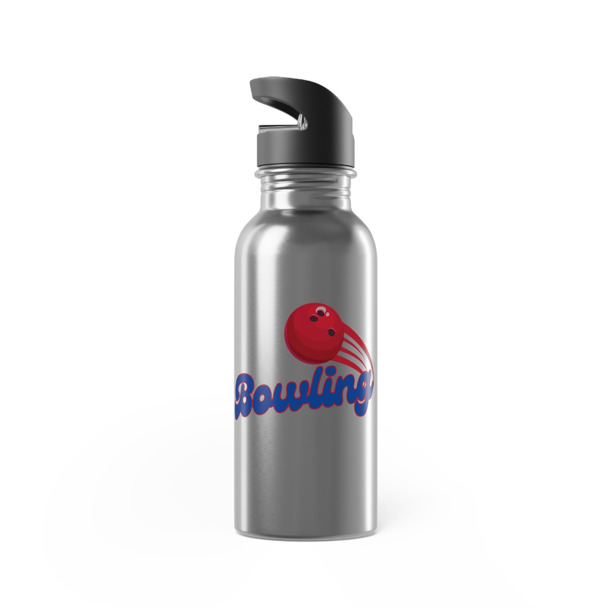 A stainless steel water bottle with black lid, with a red bowling ball graphic and 'Bowling' text on a white background