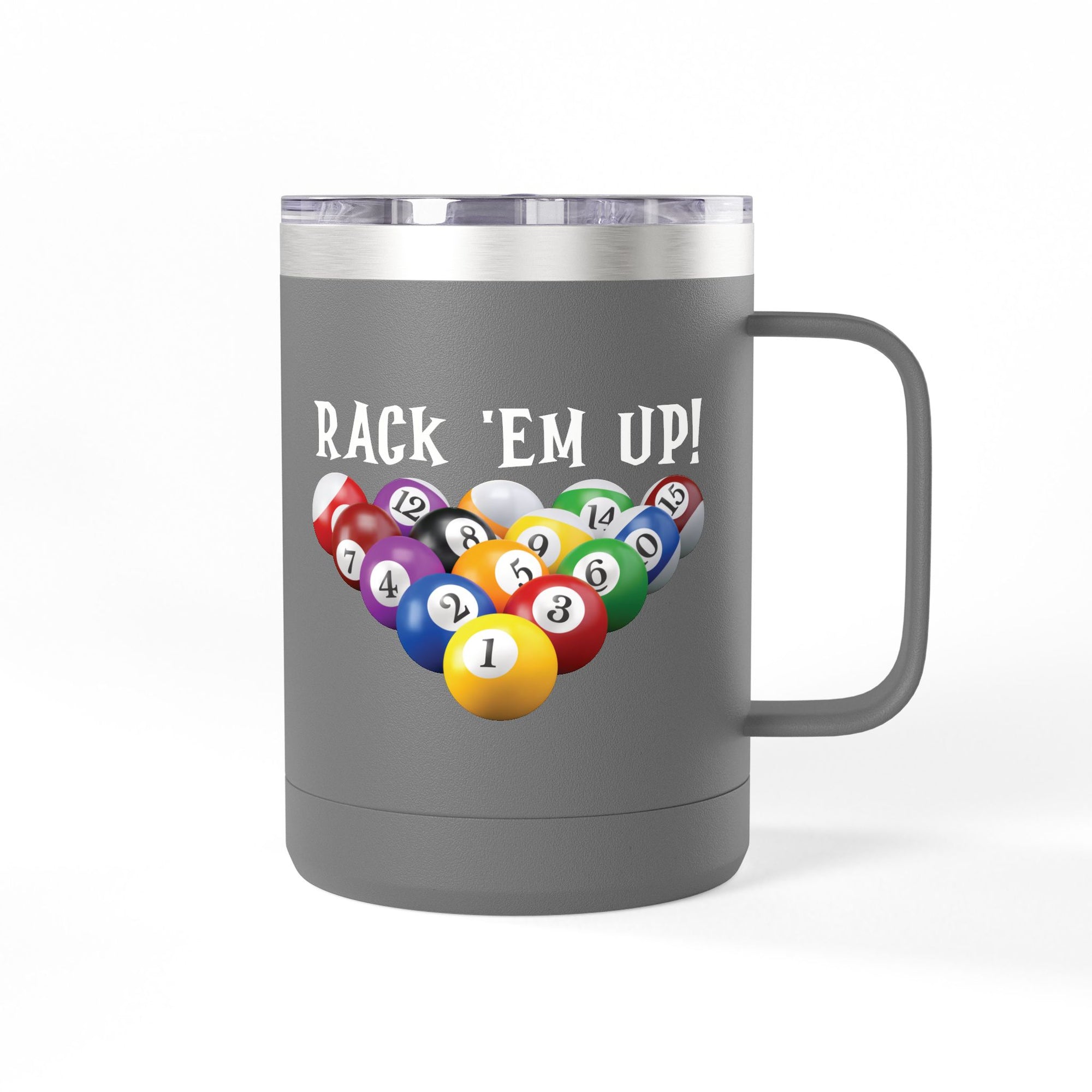 Gray travel mug tumbler with handle and lid, with a pool ball design and 'Rack 'Em Up!' text on a white background