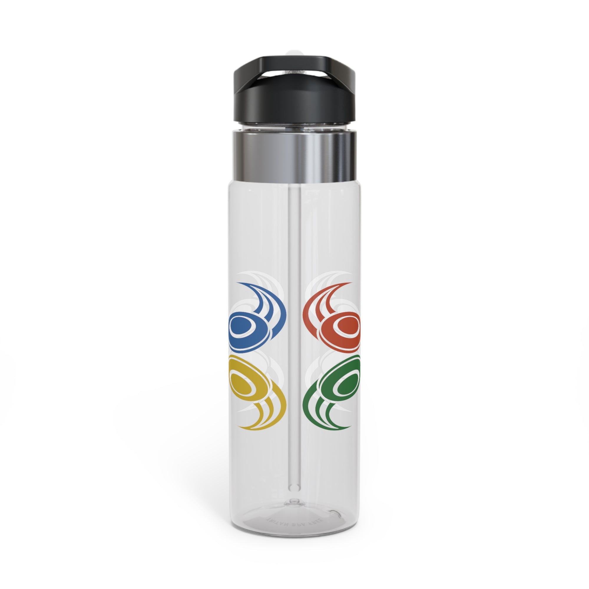A clear water bottle with lid featuring a colorful graphic of flying disc golf discs, against a white background