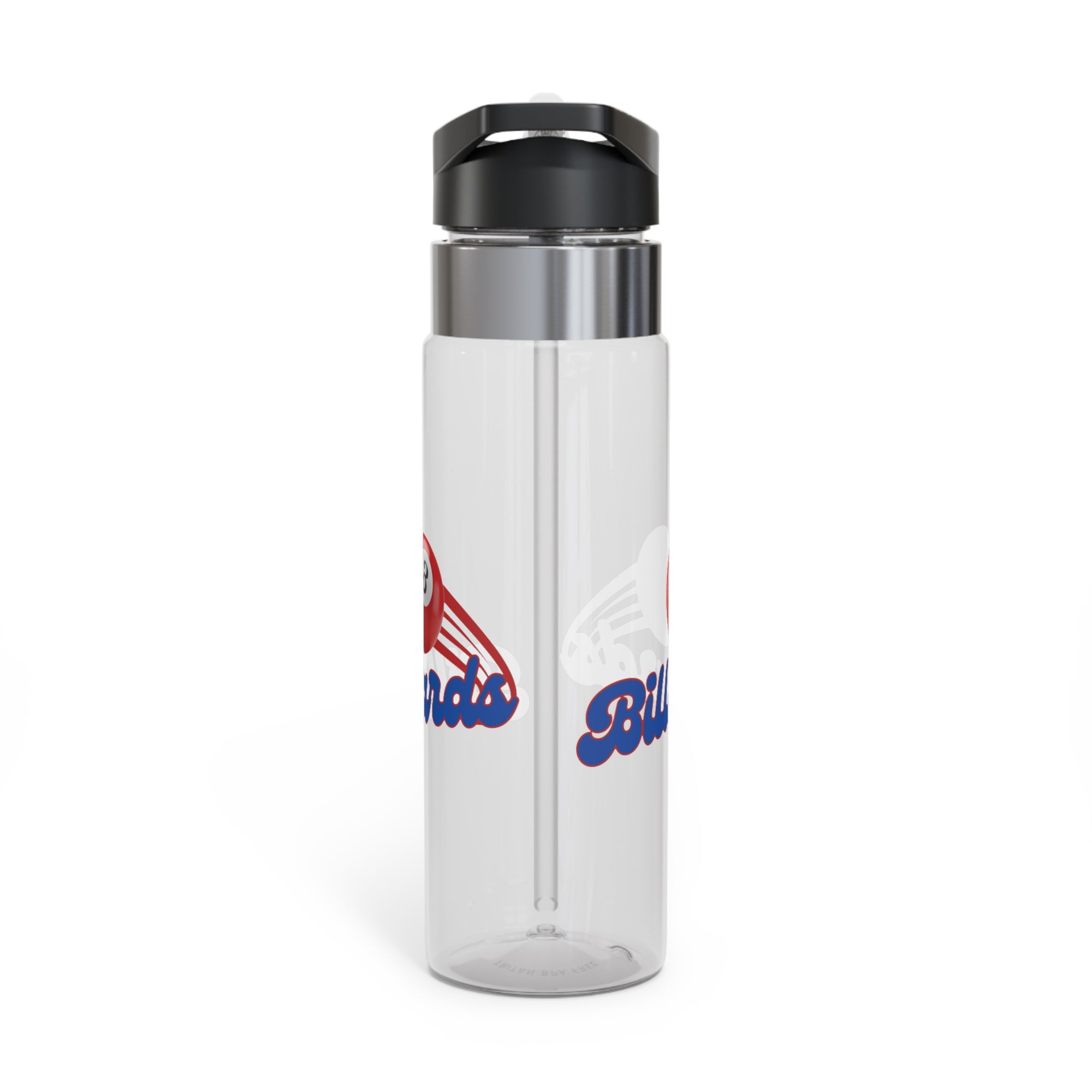 Clear water bottle with black lid, with billiards ball and text that says "Billiards" against a white background