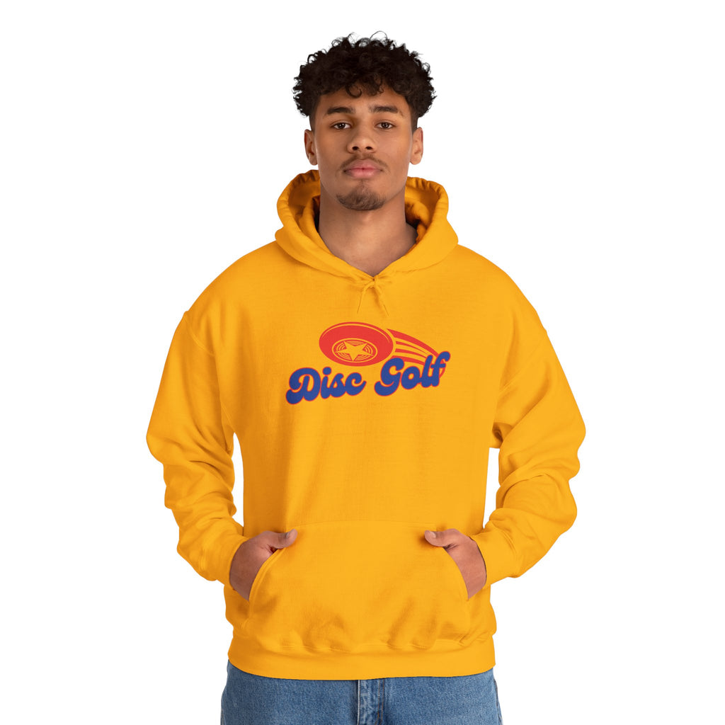 A man wearing a yellow hoodie with 'Disc Golf' in a blue script text outlined in red and disc golf with motion trails, against a white background