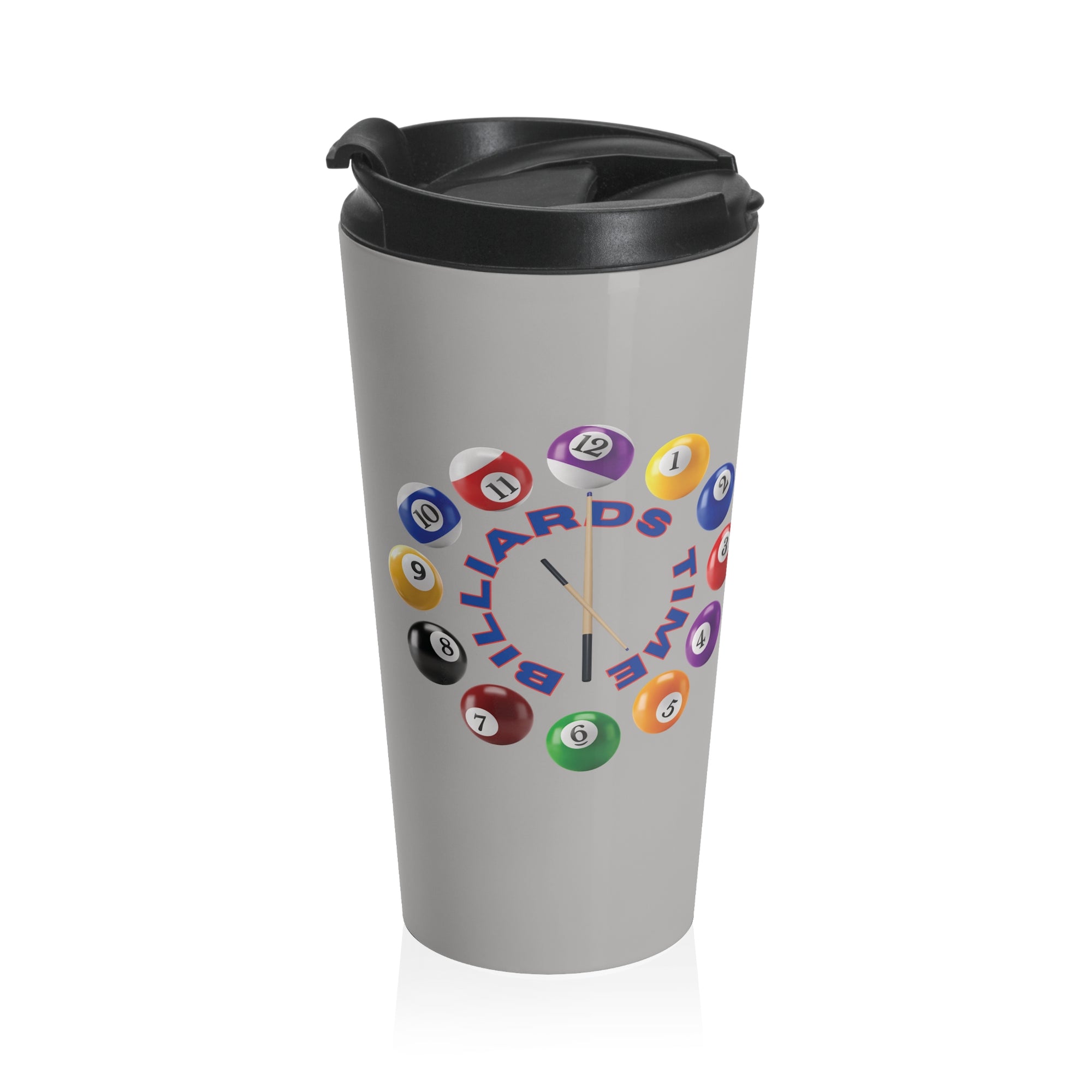 Gray travel tumbler with lid, with the text "Billiards Time" surrounded by a clock made up of colorful billiard balls and cue sticks, on a white background