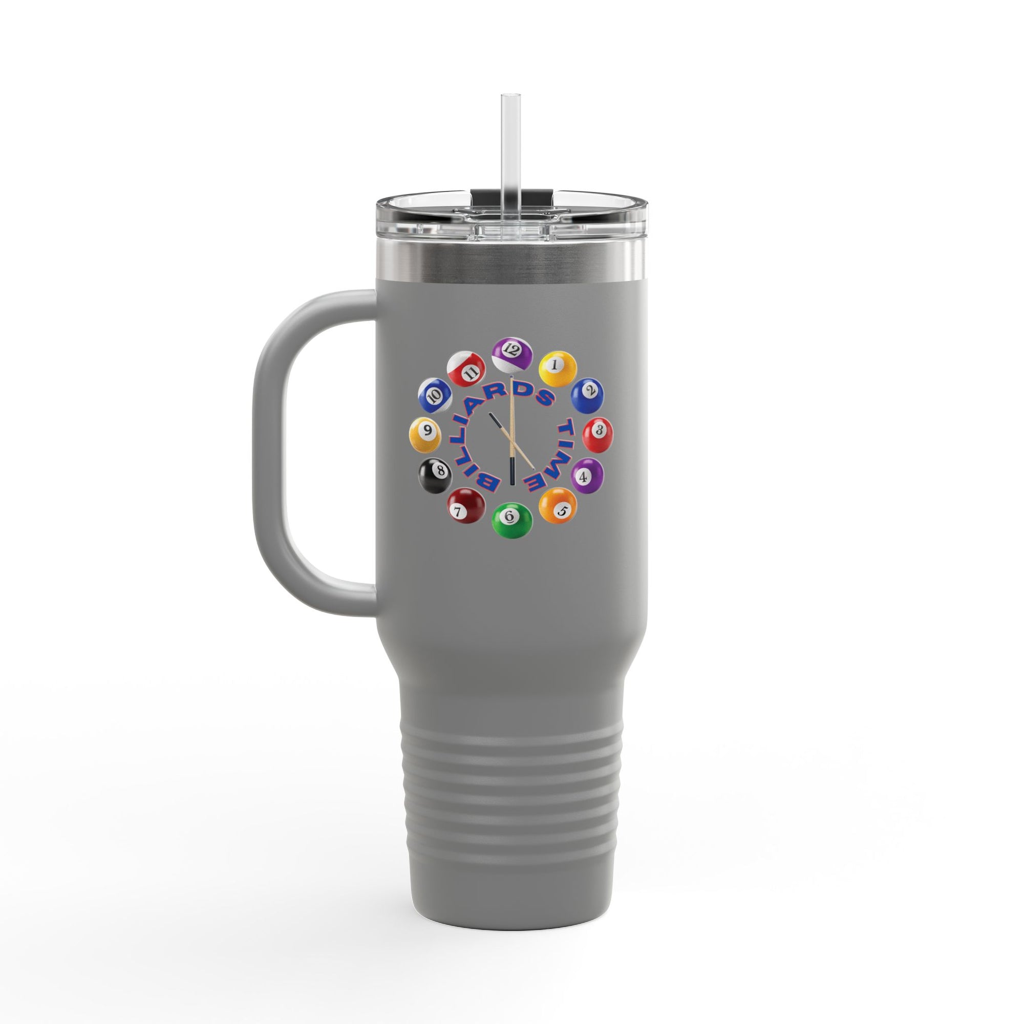 A gray 40oz travel tumbler mug with lid and straw, with the text "Billiards Time" surrounded by a clock made up of colorful billiard balls and cue sticks, on a white background