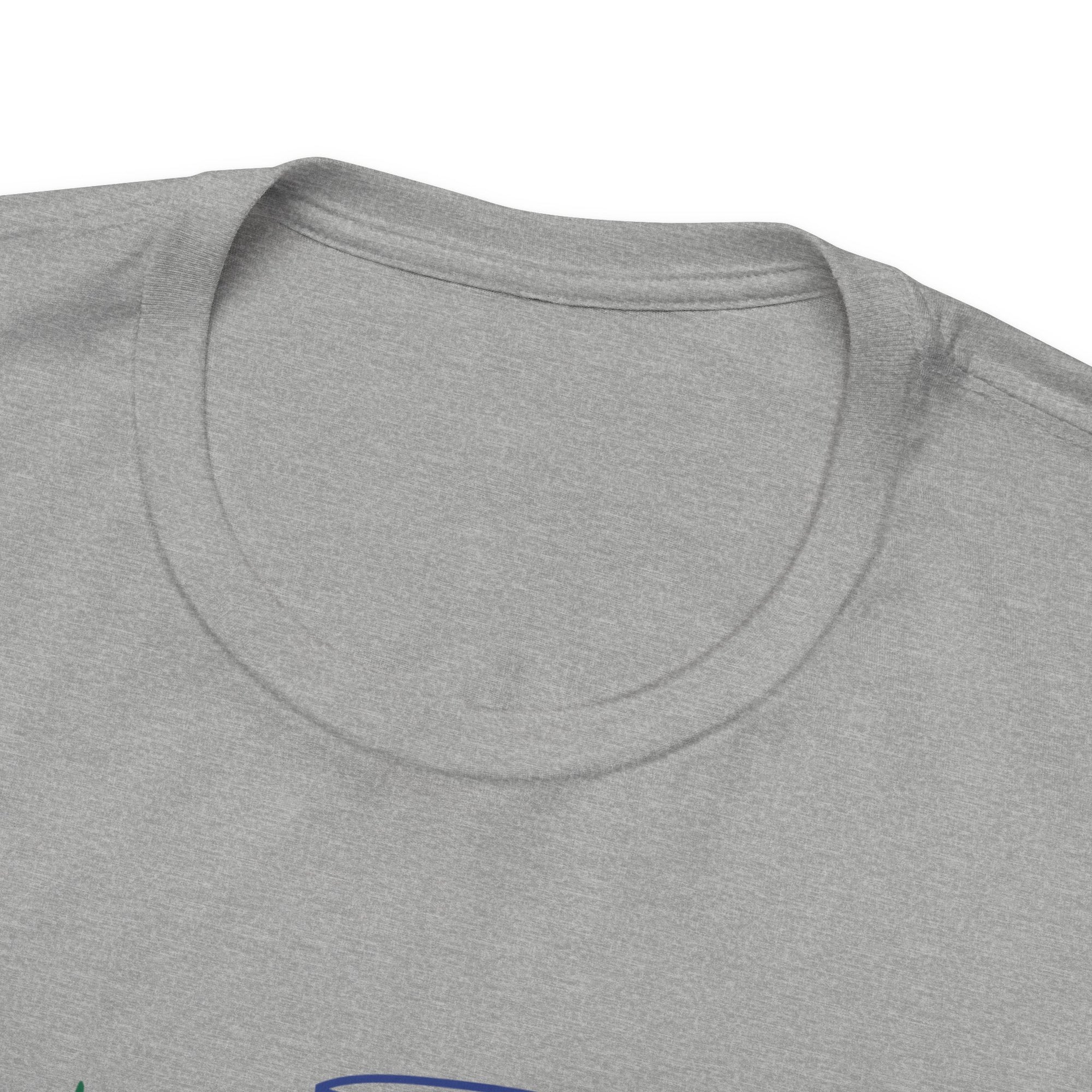 Neckline view of a gray t-shirt with 'Chasing Chains' graphic featuring a flying disc golf disc and basket and chains in front of a scenic evergreen tree landscape, on a hanger against a white background