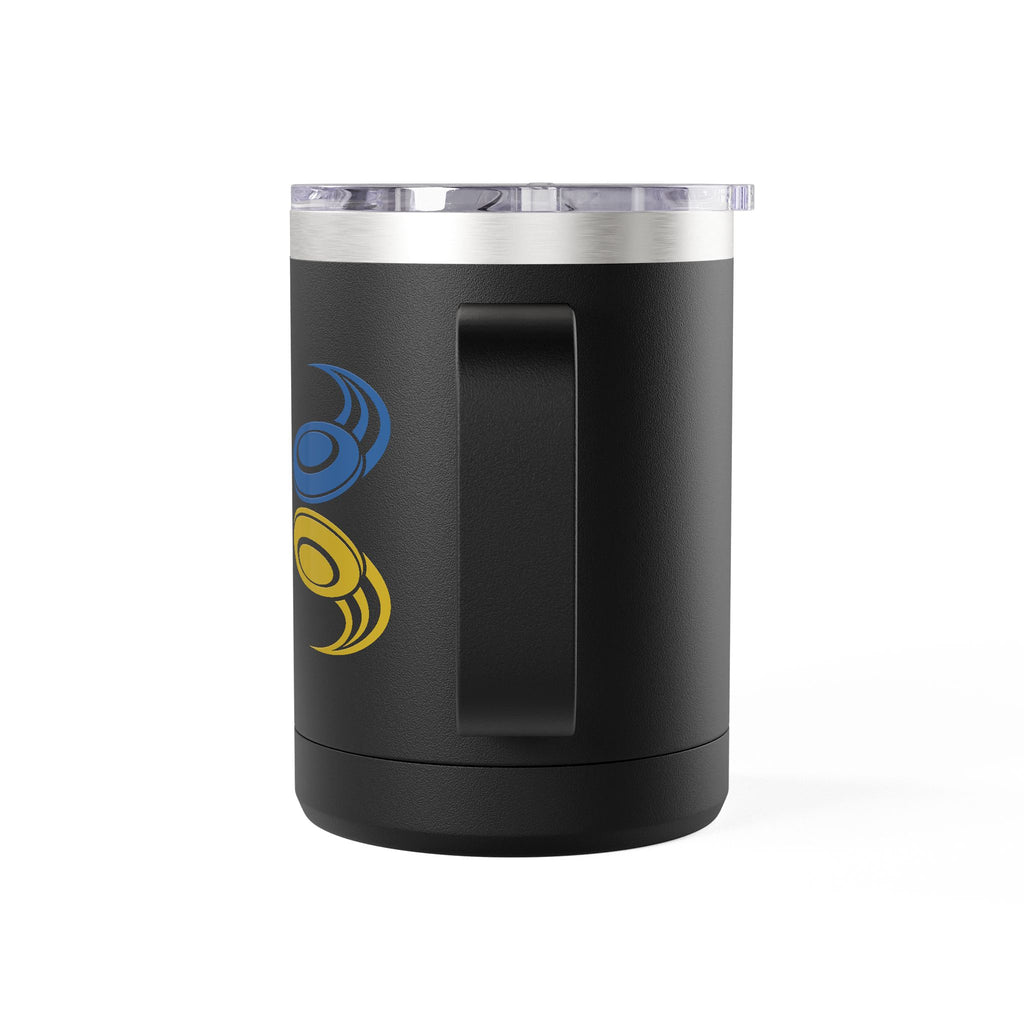 Back view of the handle of a black travel tumbler mug with handle and lid featuring a colorful graphic of flying disc golf discs, against a white background