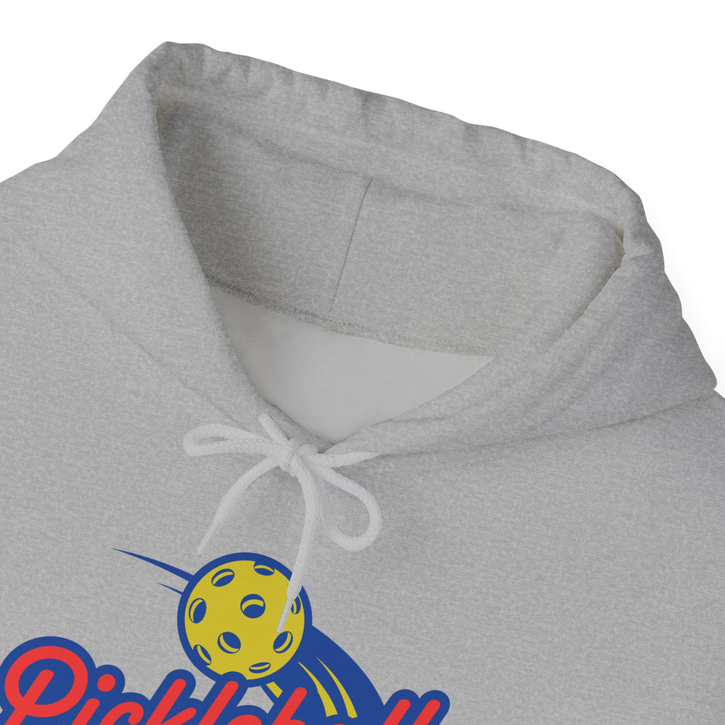 Neckline view of a gray hoodie with a classic pickleball logo featuring the word pickleball and a yellow pickleball with motion lines, against a white background
