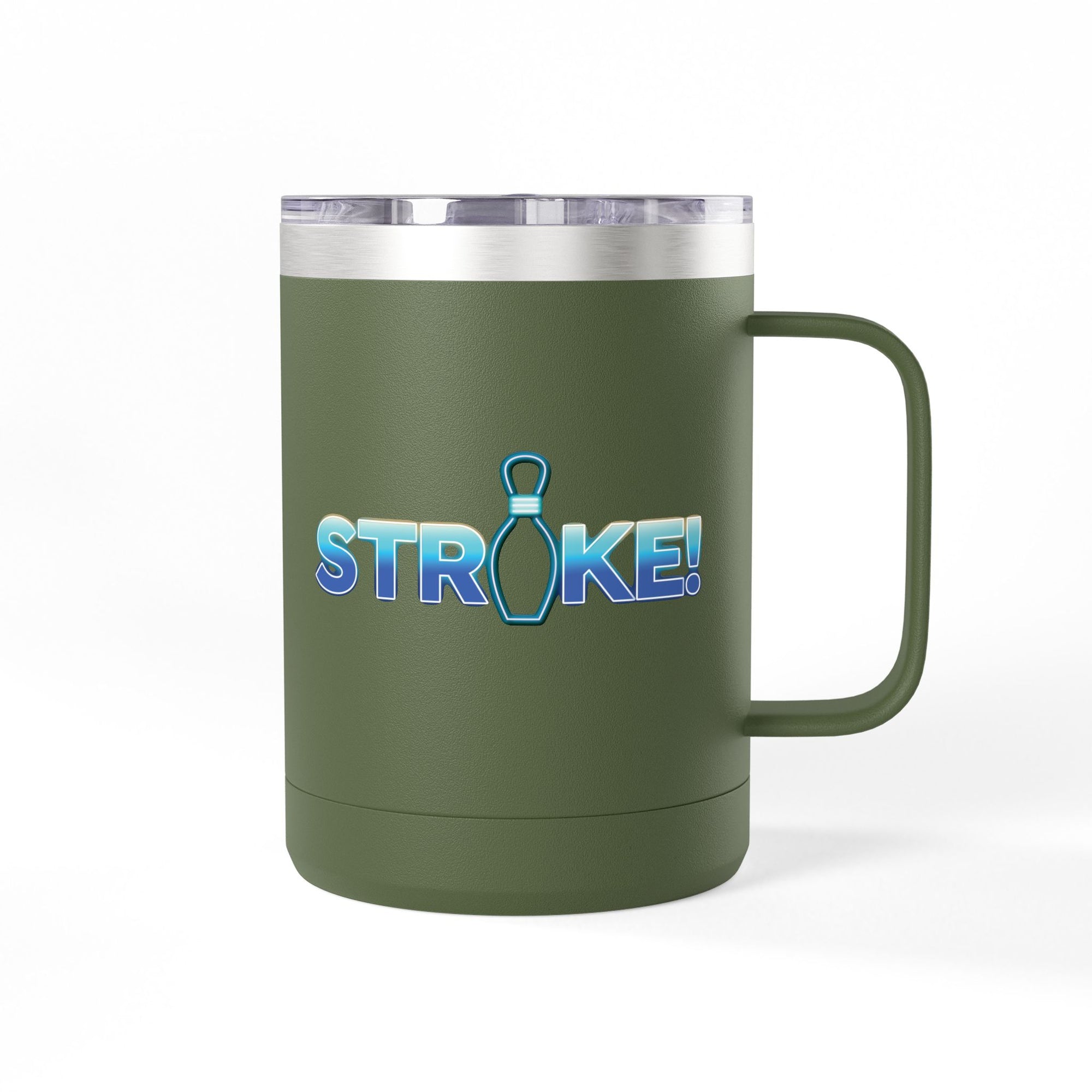 Military green travel mug tumbler with a lid and handle, with 'STRIKE!' with the "I" replaced by a bowling pin, on a white background