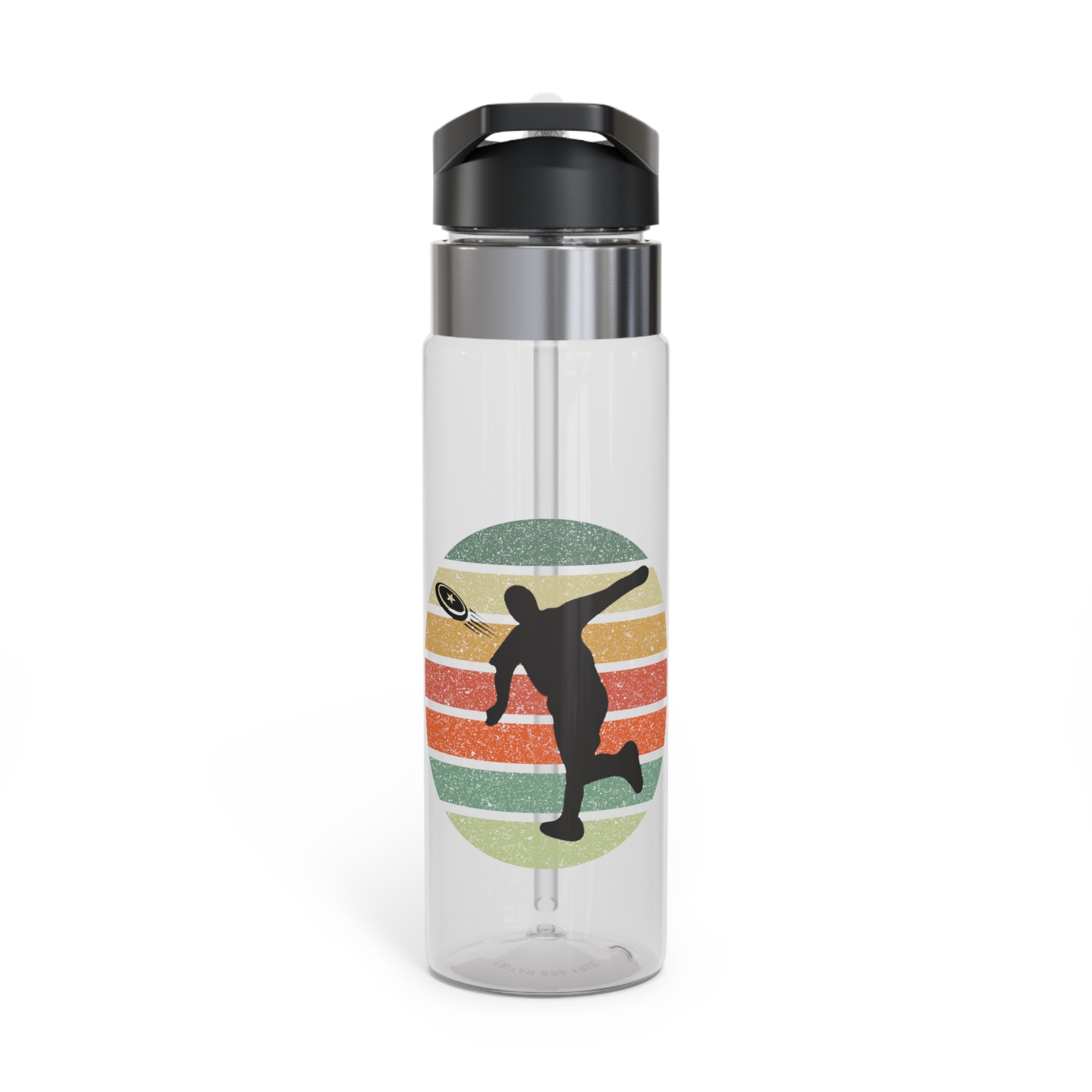 Clear water bottle with a colorful design featuring a silhouette of a person playing disc golf over a colorful retro design, with a black lid on a white background.